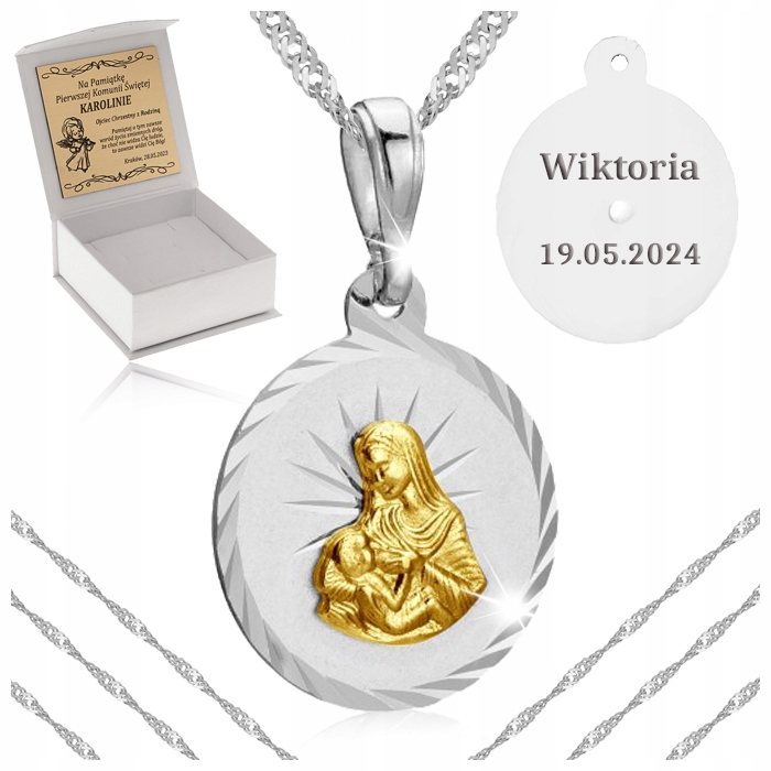 Srebrny Łańcuszek Pozłacany Medalik Matka Boska 925 Komunia Grawer