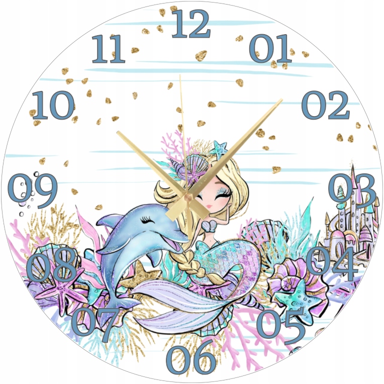 Nástěnné hodiny do dětského pokoje Mořská panna a barevné mušle 45 cm