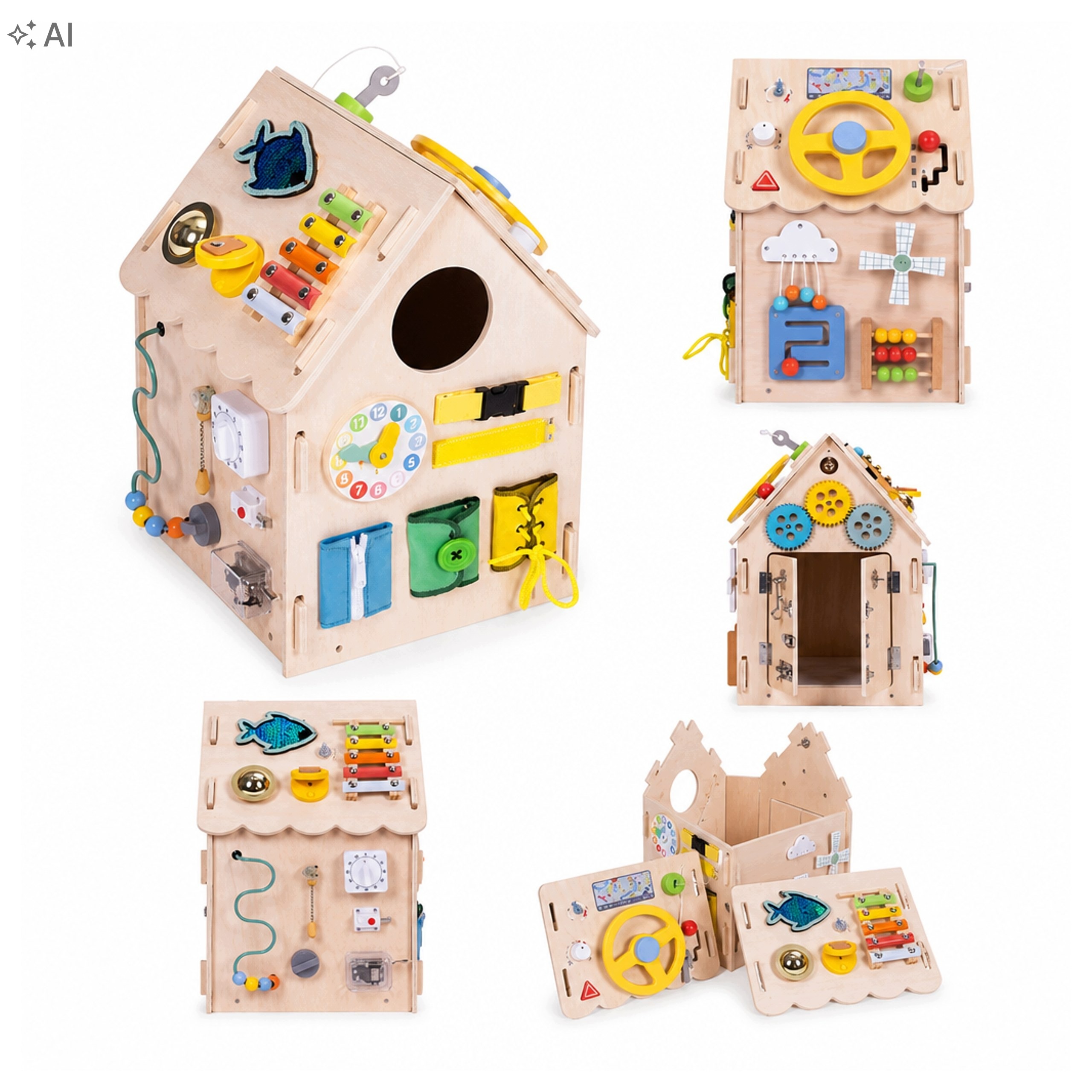 Drewniany Domek Manipulacyjny XXL Dla Dzieci Z 30 Elementami Edukacyjnymi