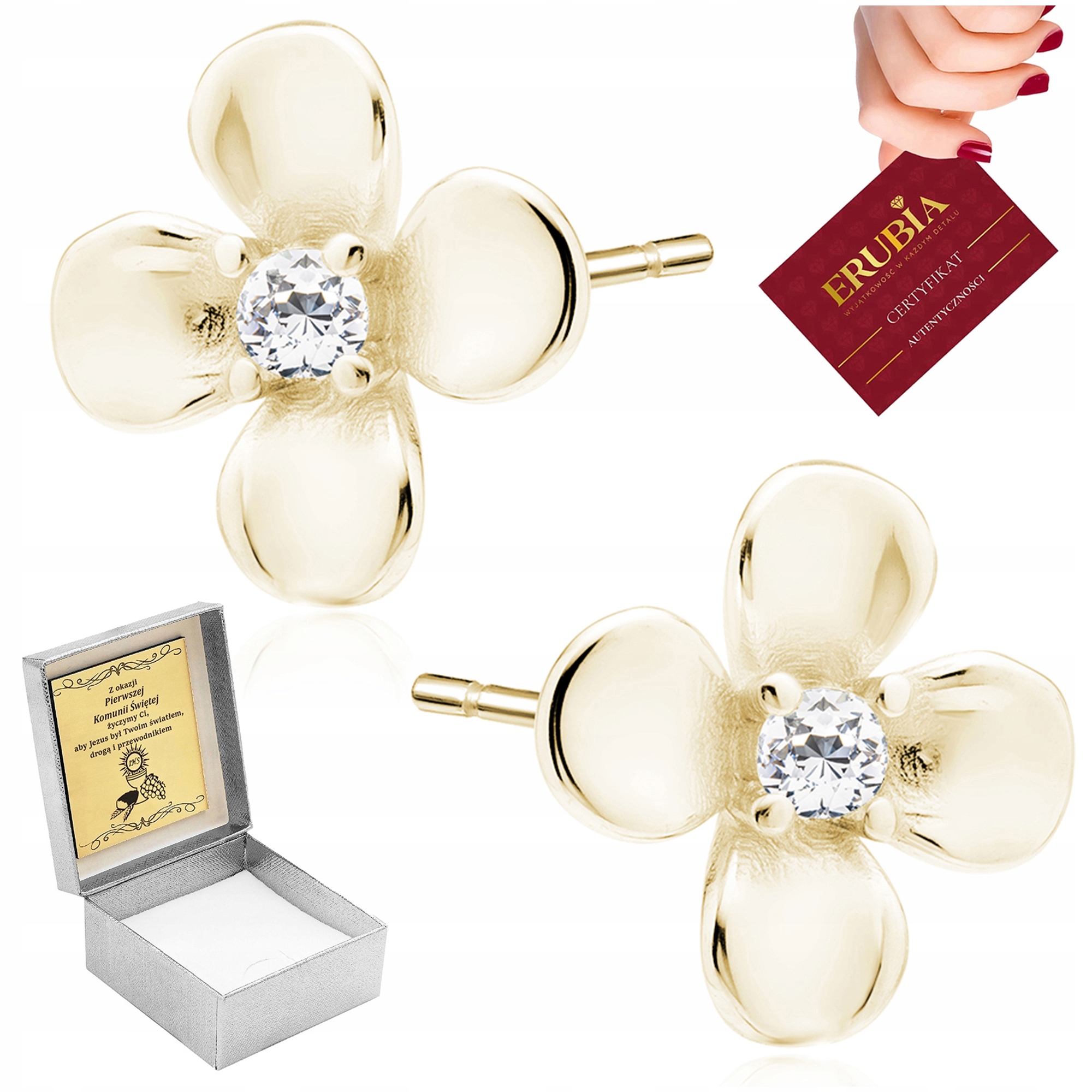 Zlaté Dětské Náušnice Šroubovací Stříbro 925 Bílé Zirkony Gravírování Bonus