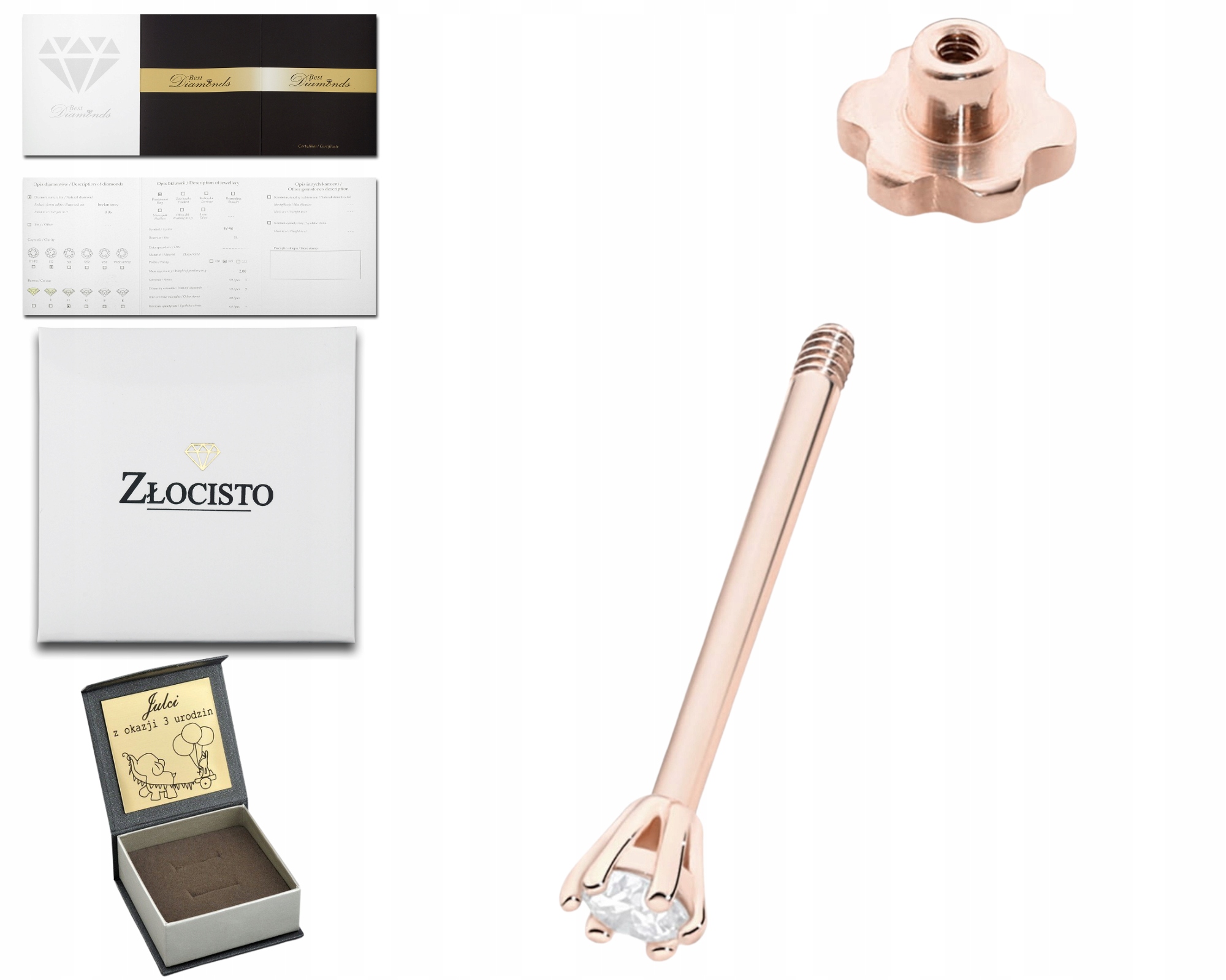 Růžové Zlato Náušnice S Diamantem, Šroubovací Tyčinka, 1 Kus Dárek Gravírování