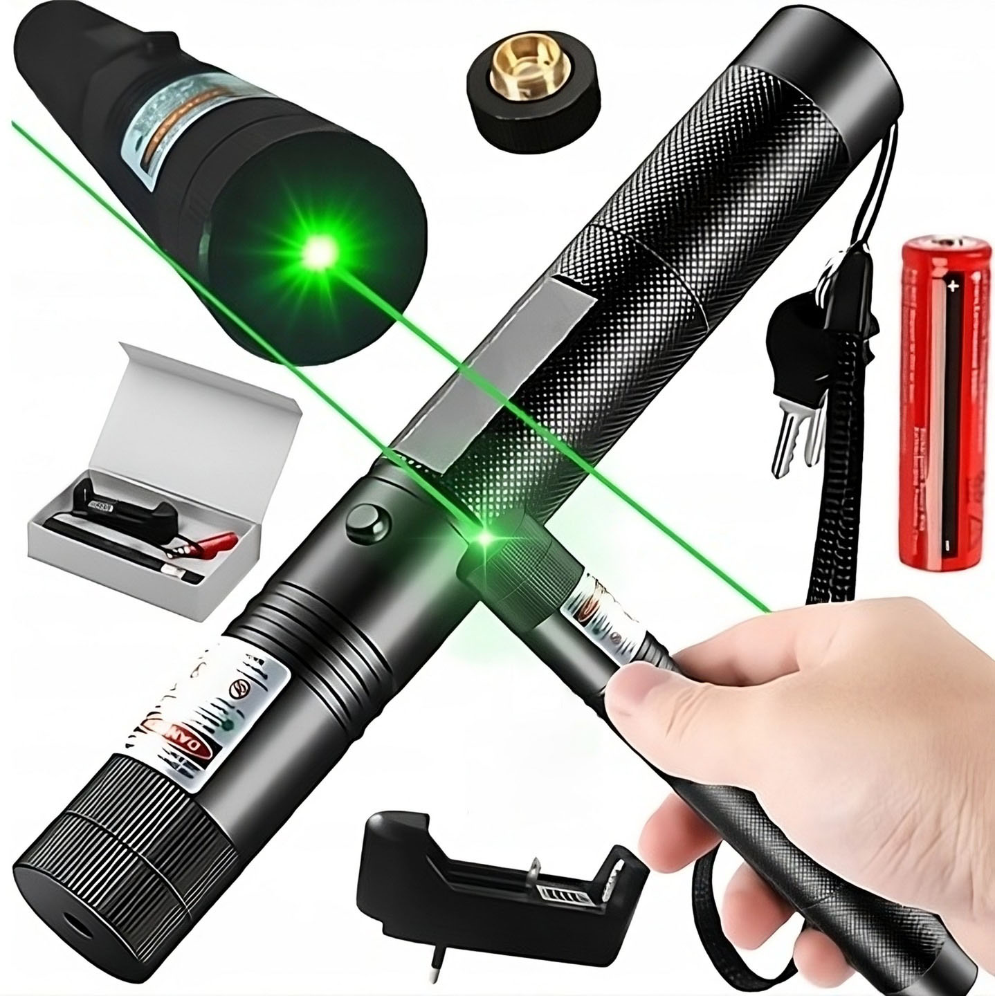 Wskaźnik Laserowy Laser Pointer Zielony mocny Aku ładowarka 2 x głowica