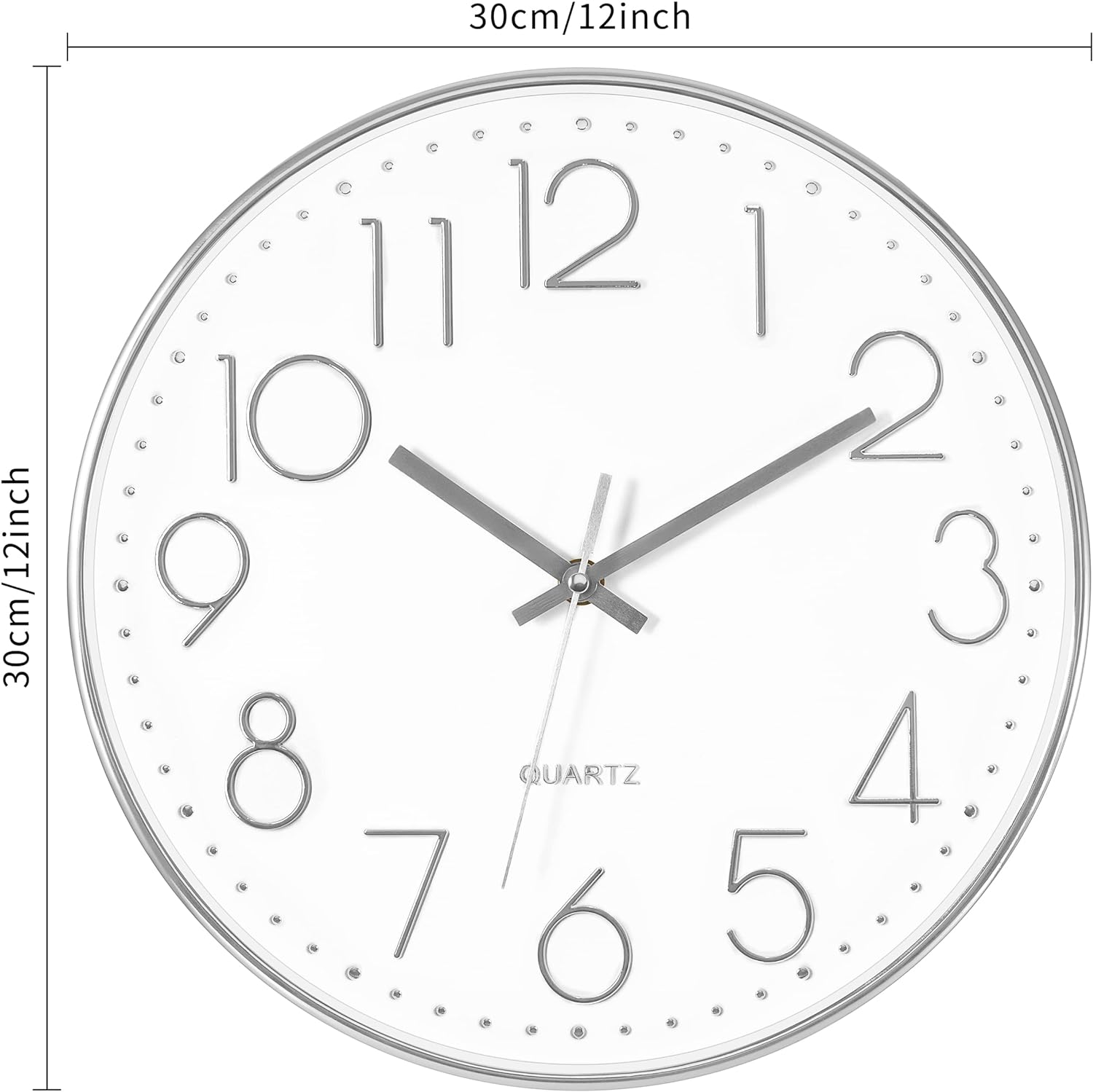 ZEGAR ŚCIENNY DUŻY OKRĄGŁY BEZGŁOŚNY SREBRNY CZYTELNY 30 cm NA ŚCIANĘ Zasilanie baterie