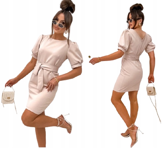 Sukienka damska wizytowa z paskiem mini krótki rękaw bufki XL/42