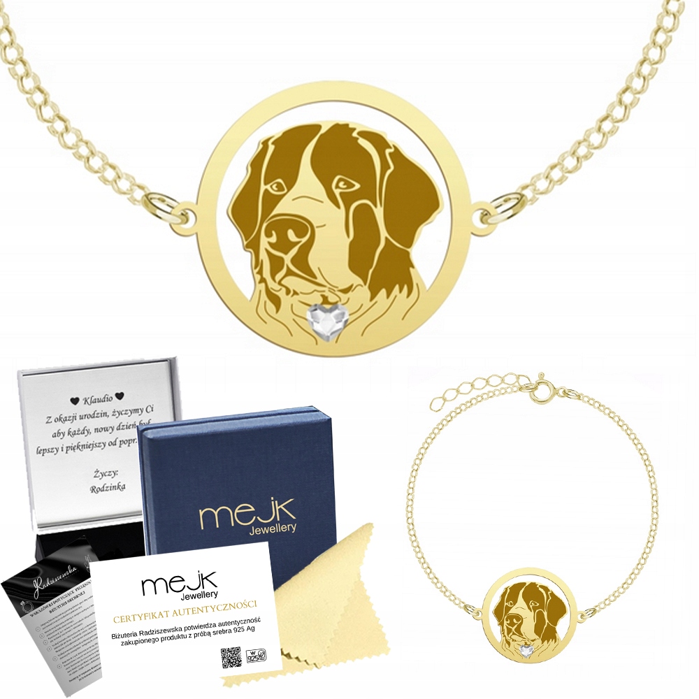 Zlatý náramek s psem Landseer 925 Dárek Řetízek Šperky Gravírování