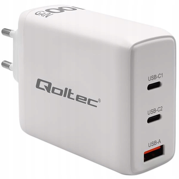 Qoltec Síťová nabíječka 100 W GaN 5-20 V 1.5-5 A 2 x Usb-c Pd 1 x U