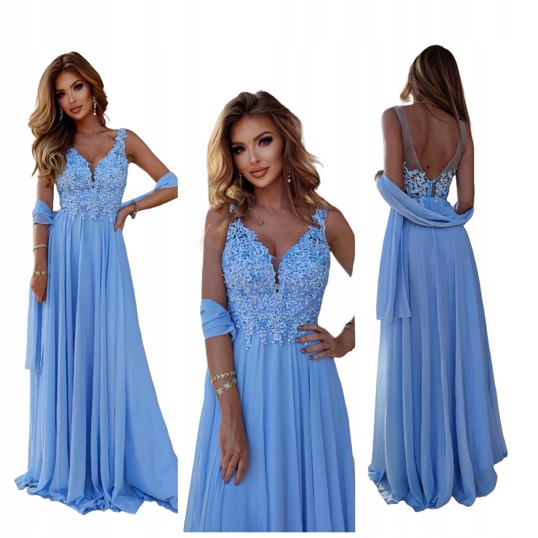 Jagoda Modrá Dlouhá Šifonová Šaty s Gipiurou na svatební hostina družičky Xs