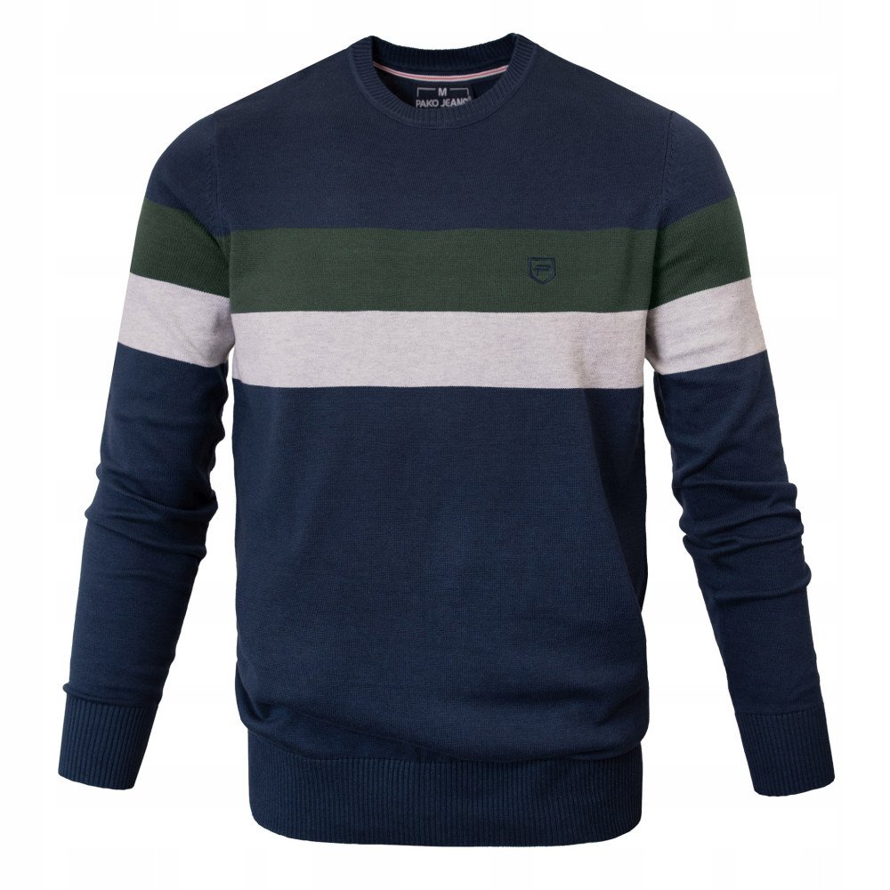 Bavlněný svetr, Kulatý výstřih (U-Neck) s velkými pruhy, pánský L
