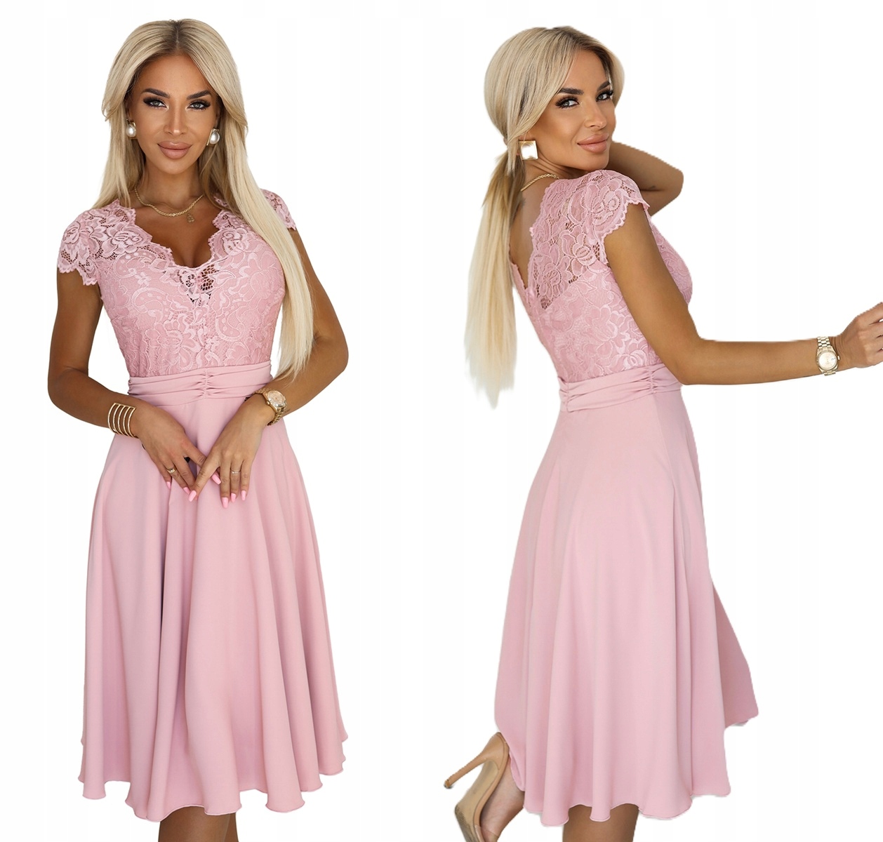 Stylové Šaty S Krajkovým Výstřihem A Květinami Starorůžová XL