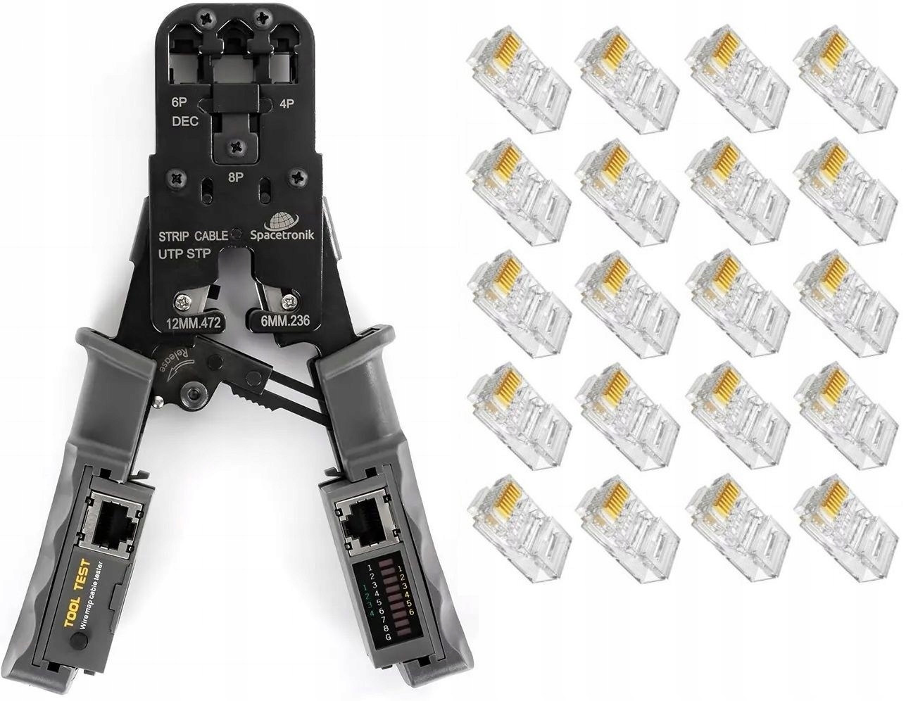 Zestaw Zaciskarka Wtyk RJ45 Utp Ftp Tester Lan 20x Złączki RJ45 przelotow