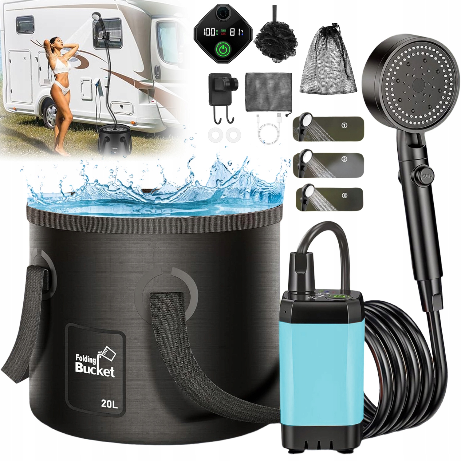 Prysznic Przenośny Turystyczny Kempingowy Samochodowy Na Akumulator 6000MAH