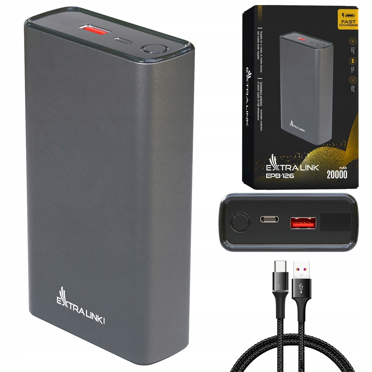 Extralink EPB-126 20000mAh strieborný Powerbank Powerbanka, 45W Pd, Usb-c