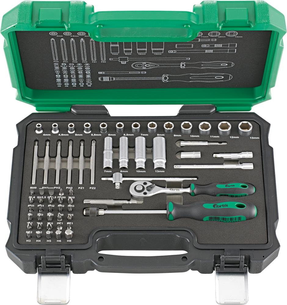 Sada nástrčných klíčů 1/4 bitová ráčna 61-dílná