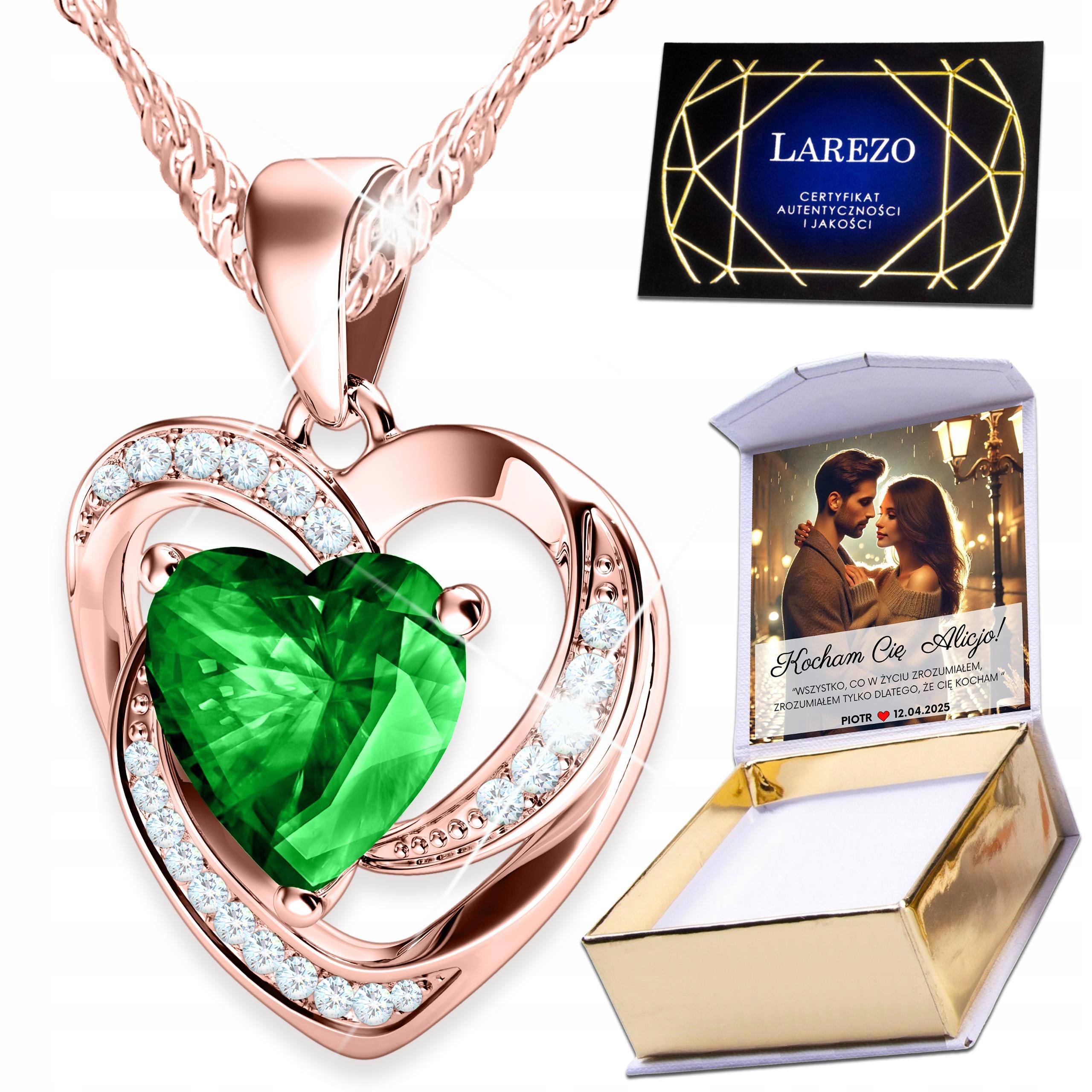 Náhrdelník Pozlacený 925 Zelené srdce s zirkony Dvě srdce Potisk