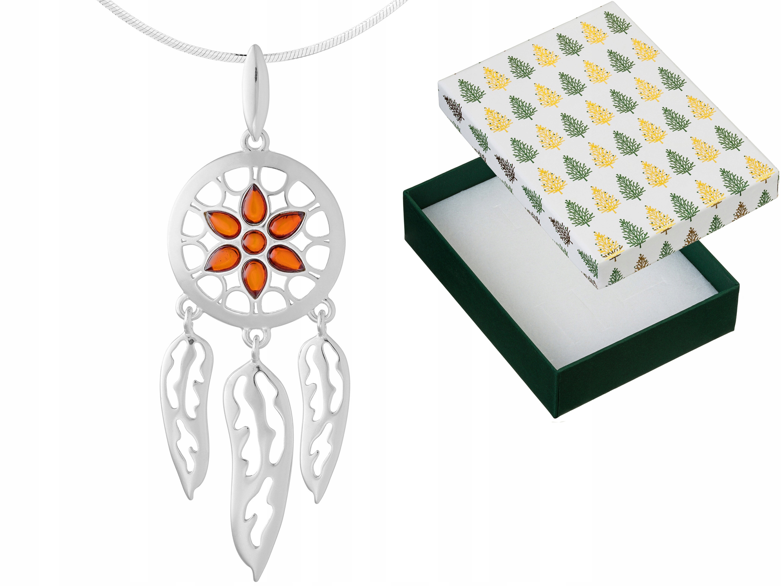 Krásný náhrdelník Lapač Snů stříbro s jantarem Stříbrný 925 Řetízek 38 Cm