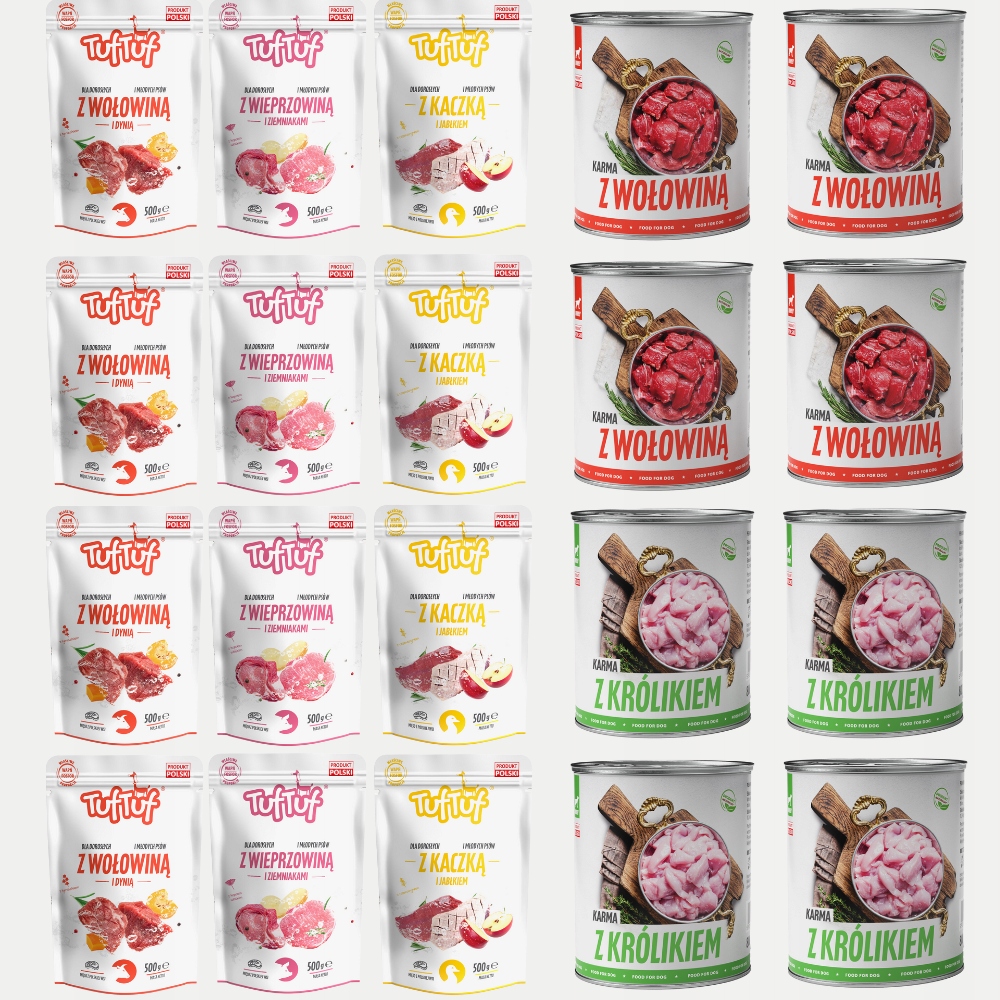 Vlhké Krmivo Tuf Tuf MIX Sáček 12x500G|PLECHOVKA 8x800G Hovězí Králík