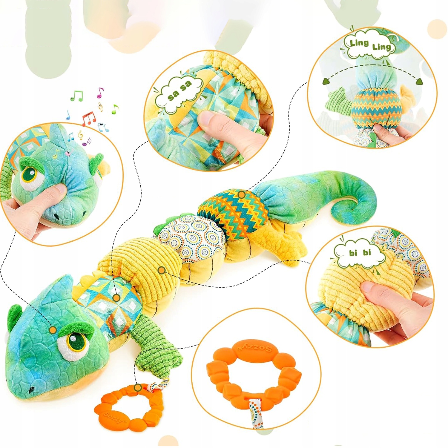PLUSZOWA ZABAWKA KAMELEON SENSORYCZNA GRYZAK PISZCZAŁKA GRZECHOTKA MUZYKA Materiał inny
