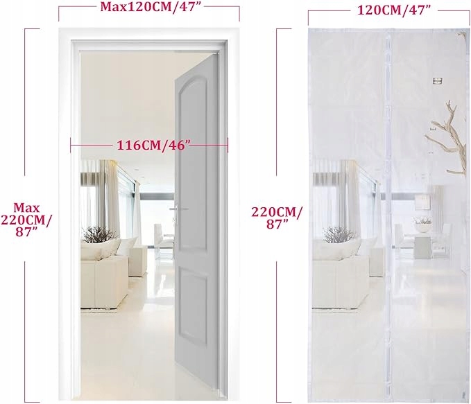 Moskitiera APALUS MAGNETYCZNA BIAŁA ZASŁONA DO DRZWI 120 x 220 / 220 cm Szerokość górna 220 cm