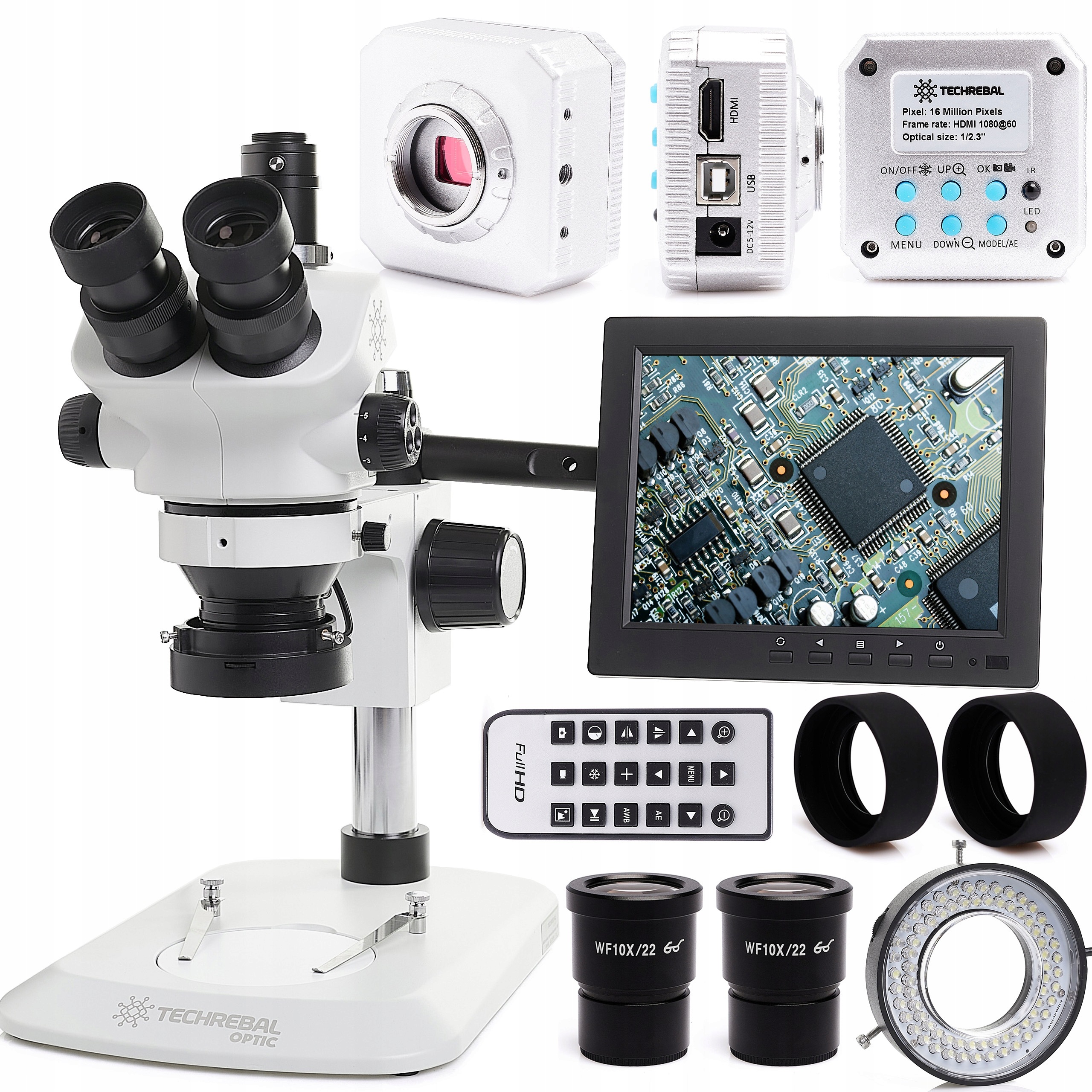 Trinokulární mikroskop Techrebal 7-50x, kamera 16MP, monitor 8 palců