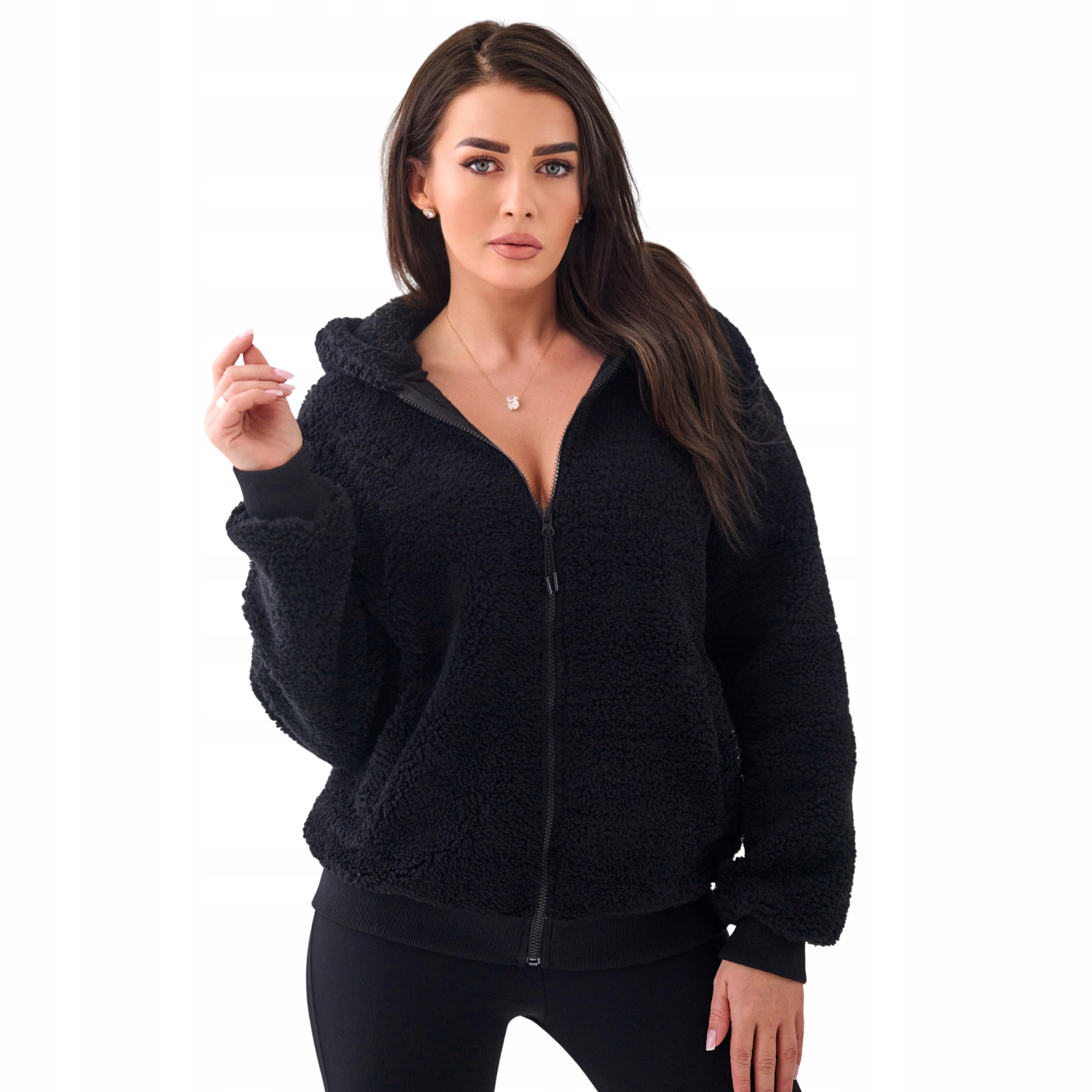 Bluza Damska Rozpinane Z Kapturem Plusz Polar Teddy Czarny M L