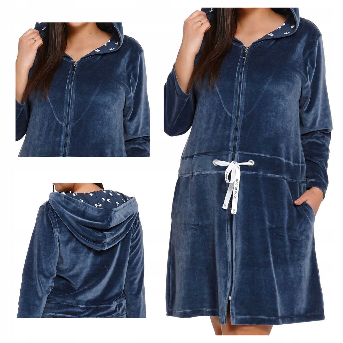 Doctornap Dámský velurový župan na zip Swo 1008 deep blue plus 3XL