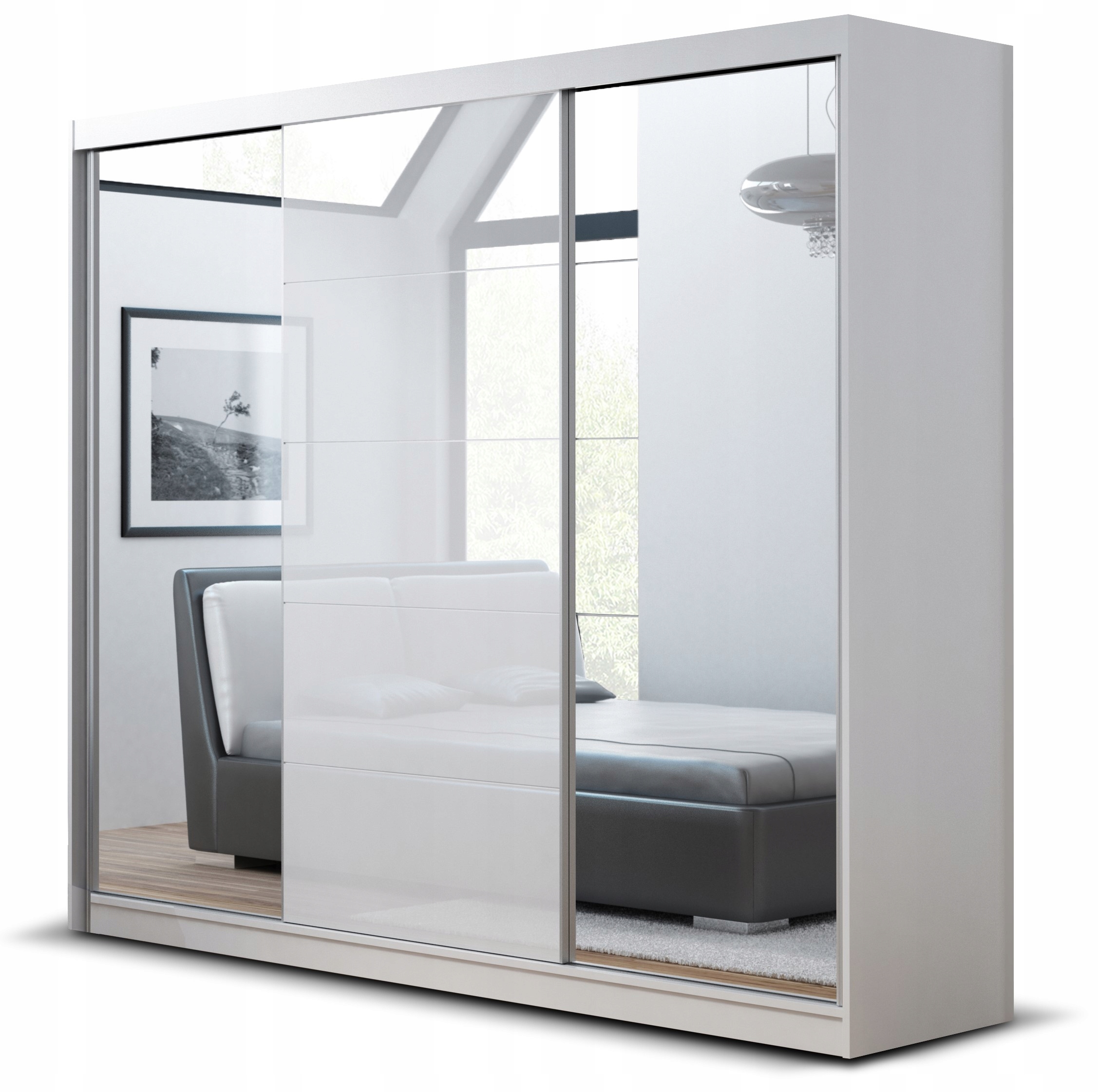 SZAFA PRZESUWNA GARDEROBA ARA 180 CM 3D1L BIAŁA - LACOBEL BIAŁY - LUSTRO