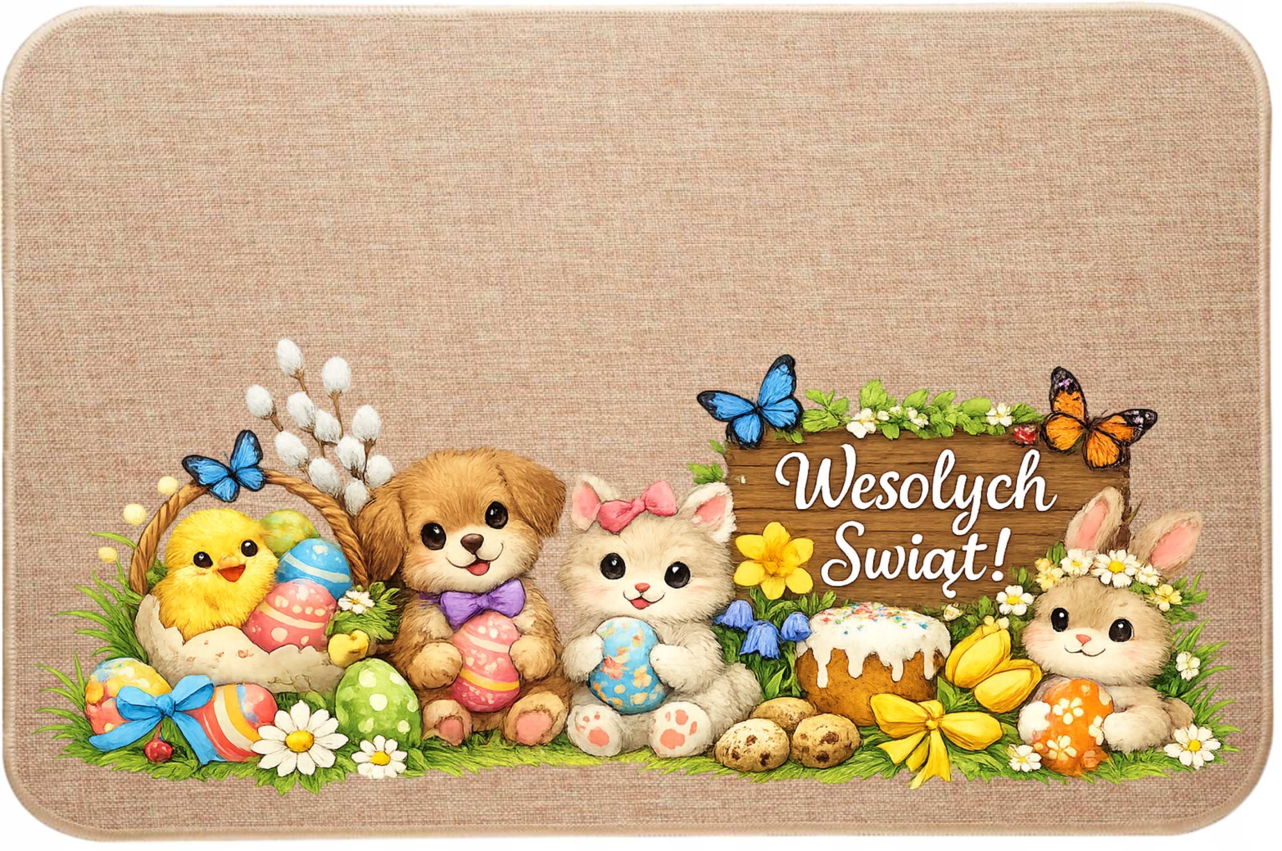 Lněná rohožka pod dveře Veselé Velikonoce Štěňátka