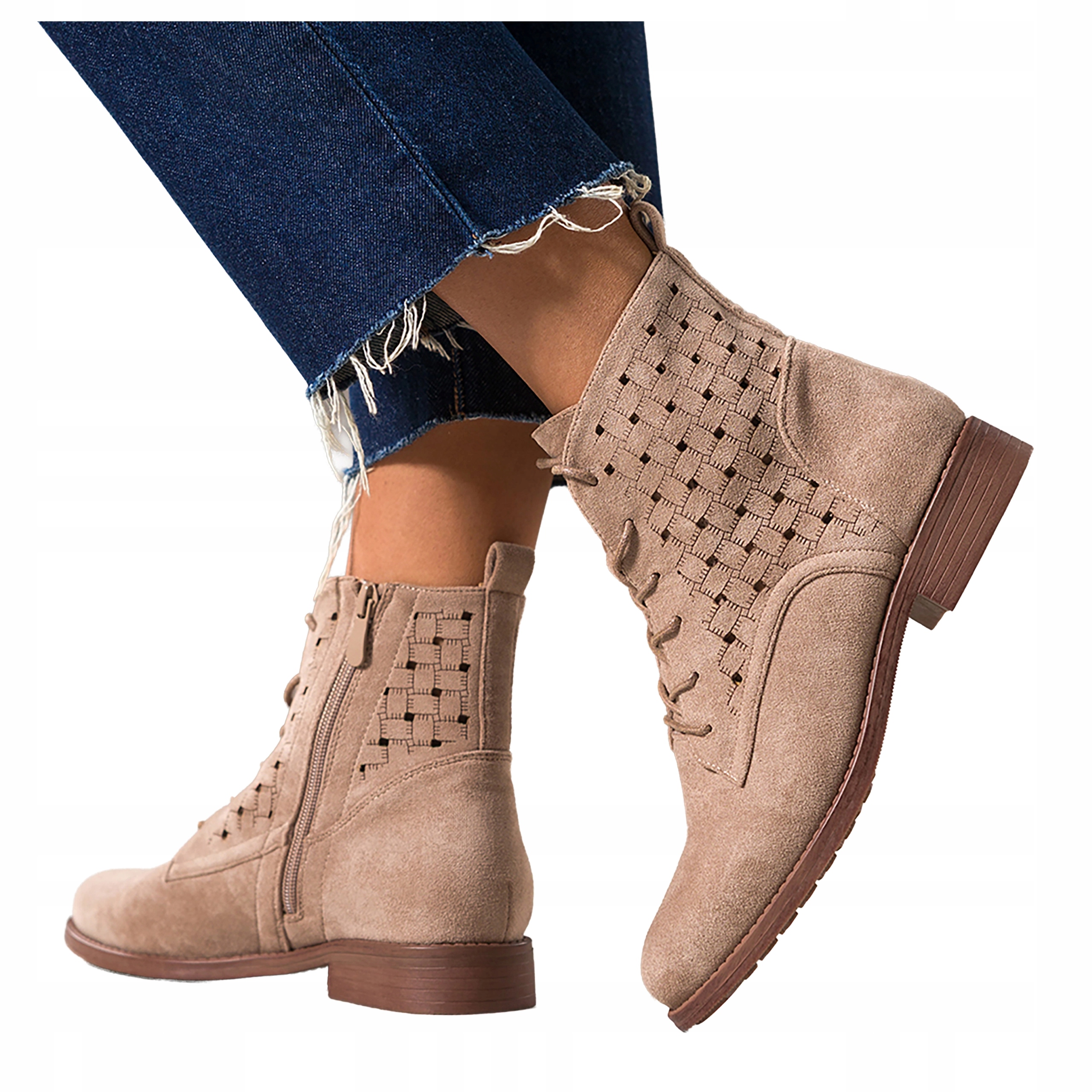 Béžové dámské kotníkové boty Ažurový Svršek Šněrovací Pohodlné Módní Ploché vel. 37