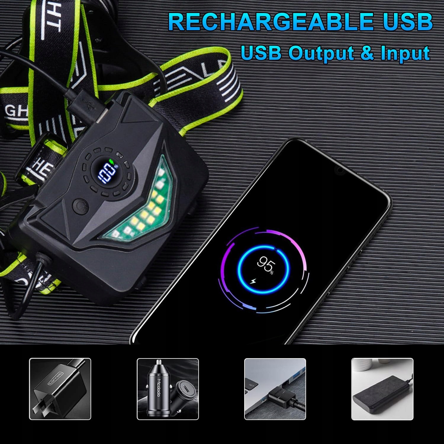 PEAKRO Latarka Czołowa LED 90000 Lumen USB Do Kempingu Roweru Wędkowania — miniatura 6