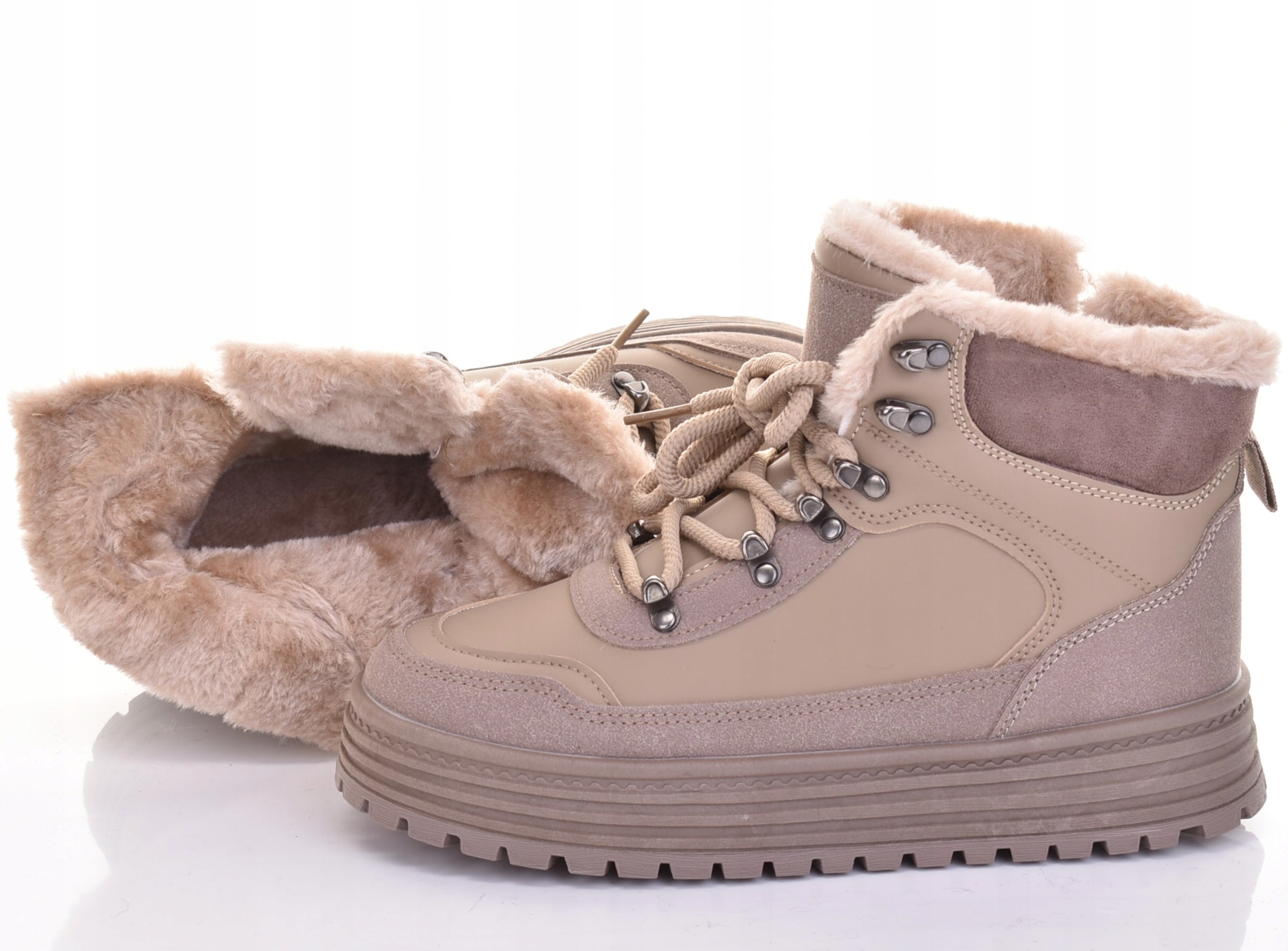 Ocieplane Futerkiem Śniegowce Damskie Buty Zimowe Snekaersy Khaki