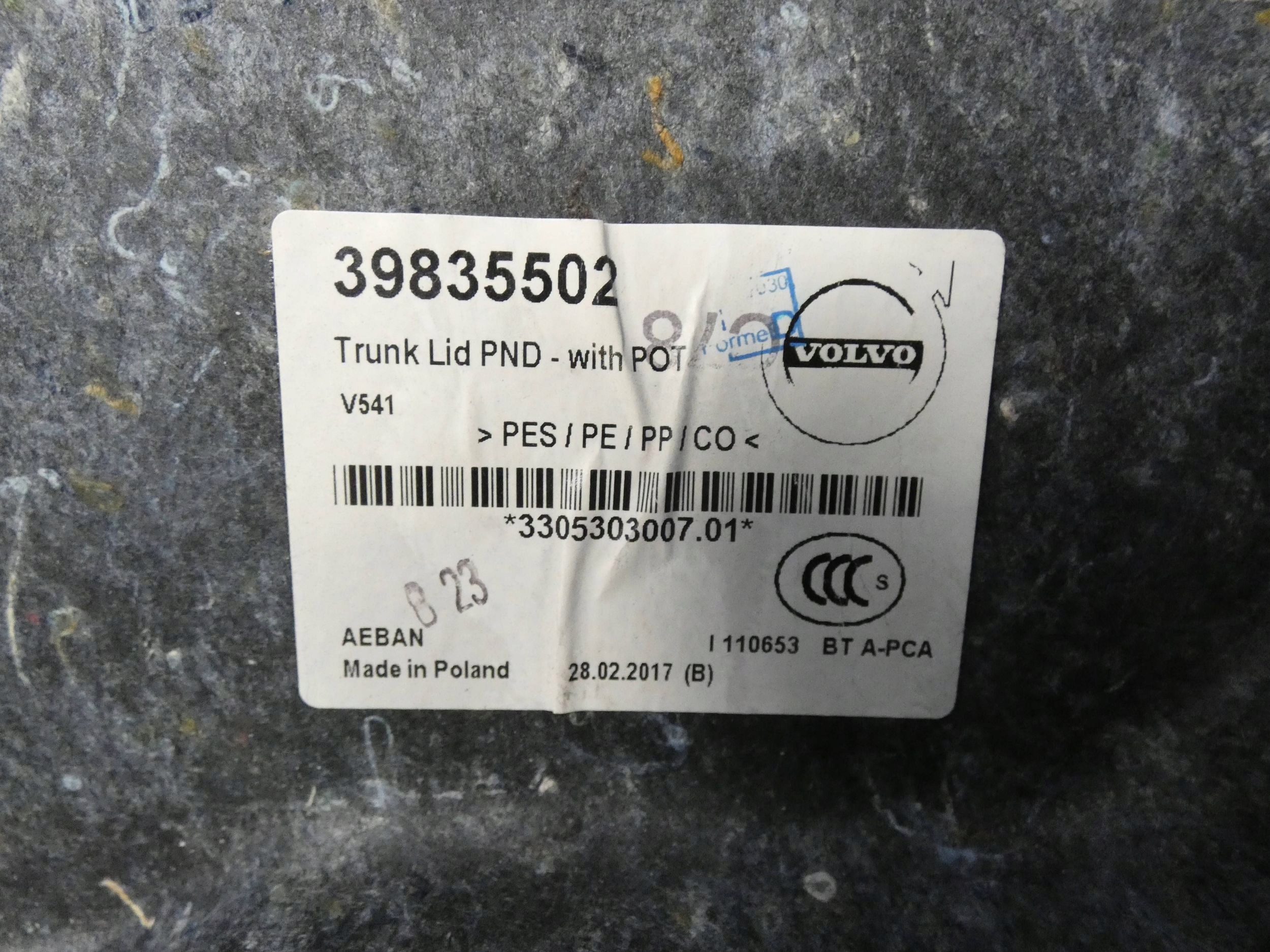 VOLVO S90 II cover cover bonnet boot rear part