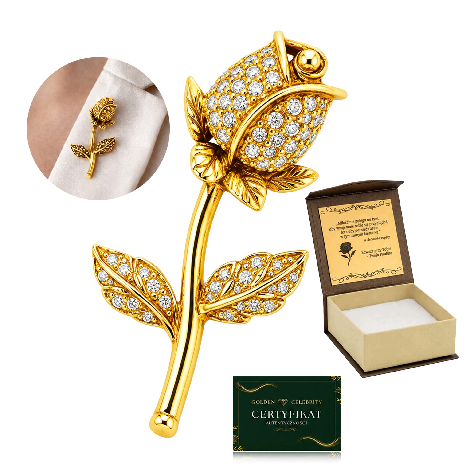 Brož Růže Stříbro 925 Pozlacená 24K Zlatem Zirkony Elegantní Dárek