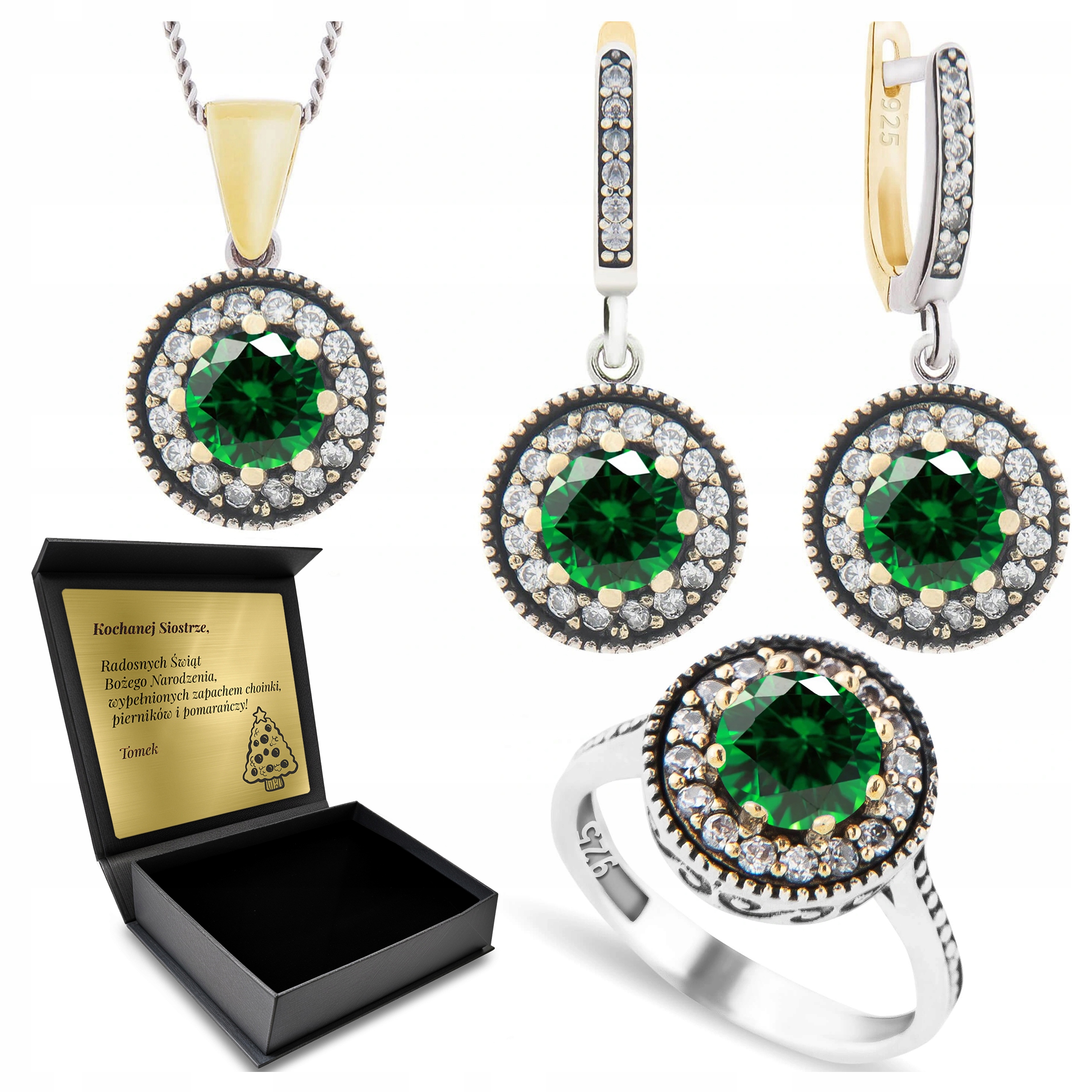 Sada Stříbrných Šperků 925 S Smaragdovými Zirkony pro ženy Gravírování