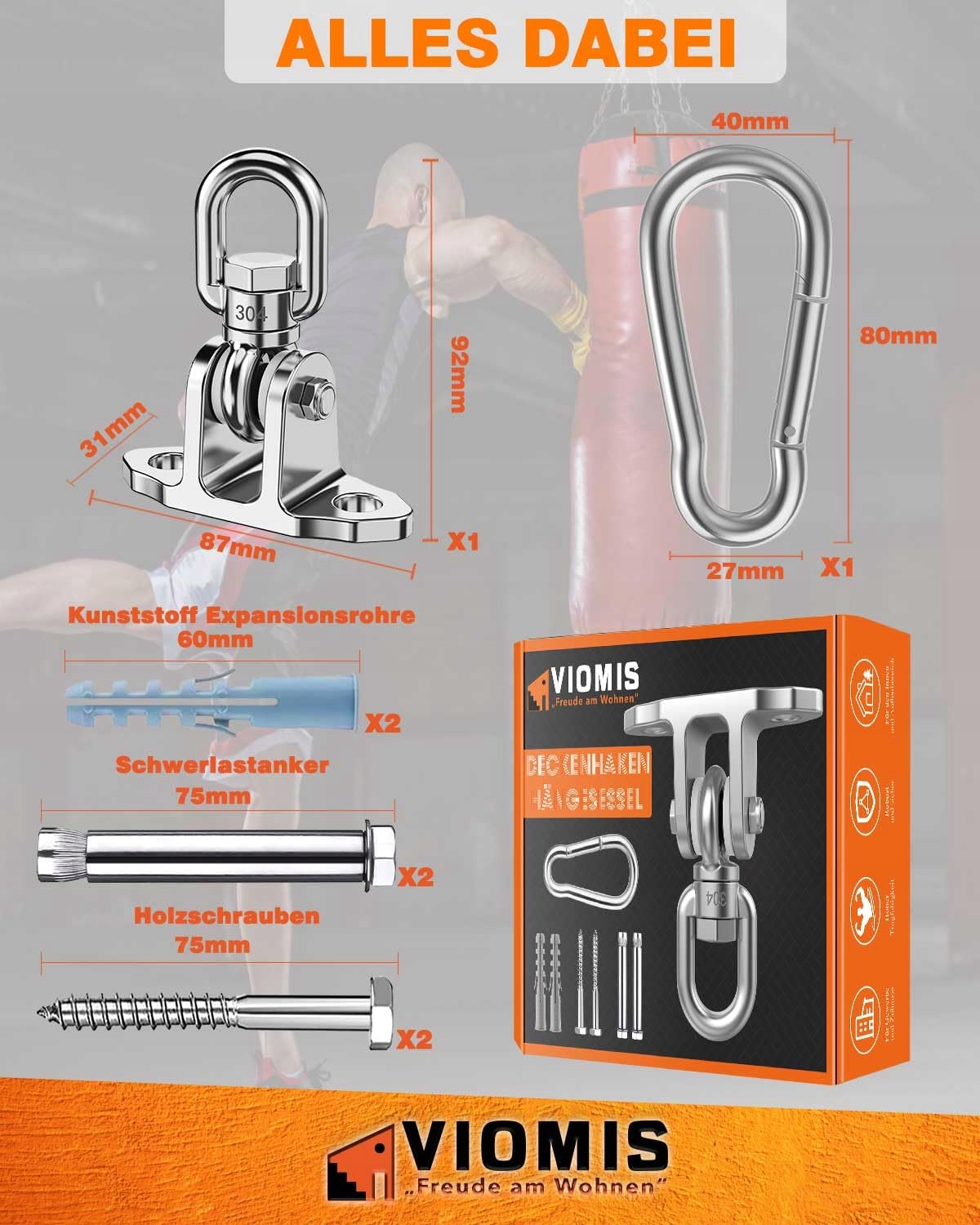 VIOMIS Hak Obrotowy 360° Stalowy Uchwyt Sufitowy 450KG Hamak Fotel Boks — miniatura 6