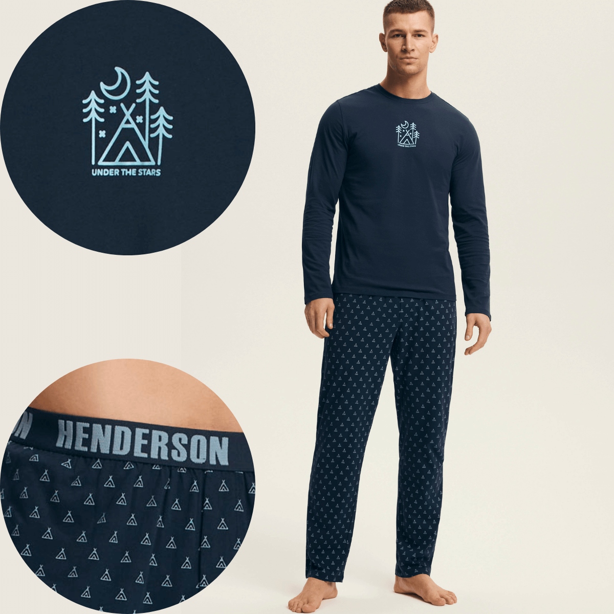 Pánské bavlněné pyžamo s dlouhým rukávem, tmavě modré kalhoty Henderson 43478 XXL