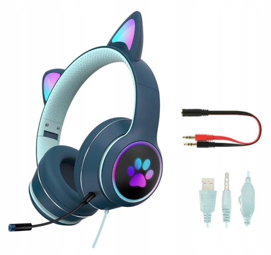 SŁUCHAWKI Z MIKROFONEM DLA GRACZY KOCIE USZY SŁUCHAWKI GAMINGOWE PRZEWODOWE Model SŁUCHAWKI DO GRY ONLINE GAMINGOWE KOCIE USZY 022