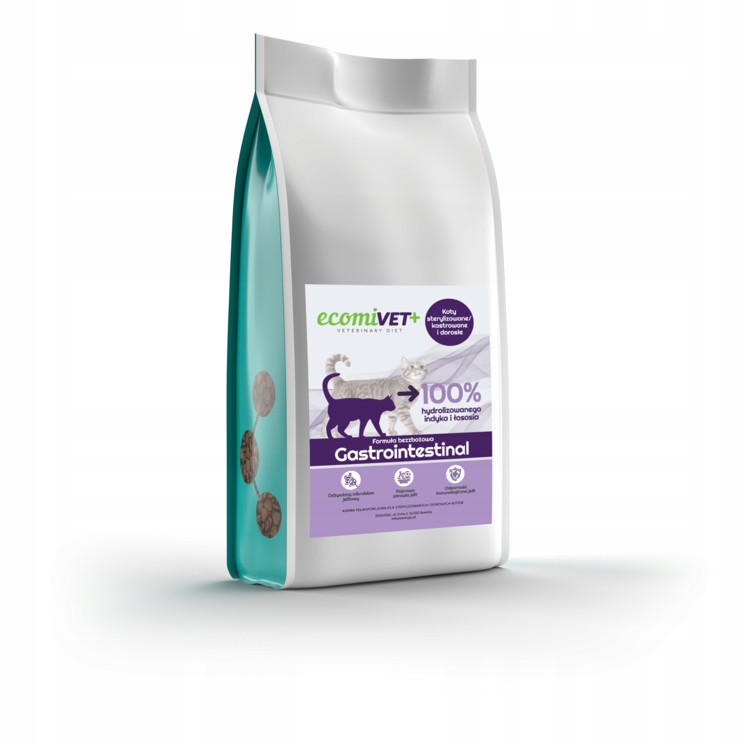 ecomiVET+ Gastrointestinal 1,5 kg Bez obilovin Kočky 100% hydrolyzát Krůta Losos
