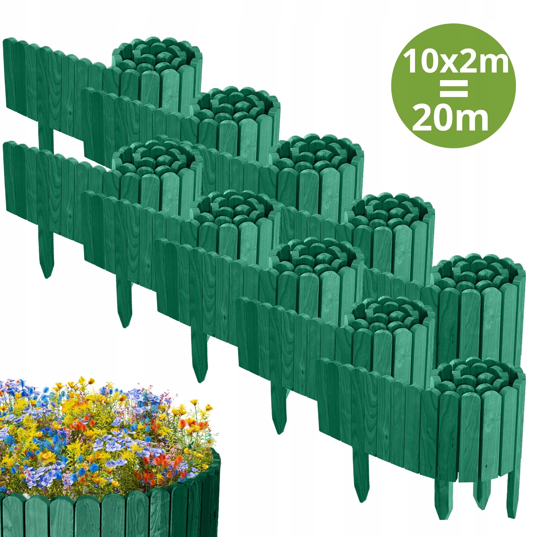 Zahradní Plot dřevěný, borovicový 2000 cm (10 x 200 cm), výška 20 cm, zelený
