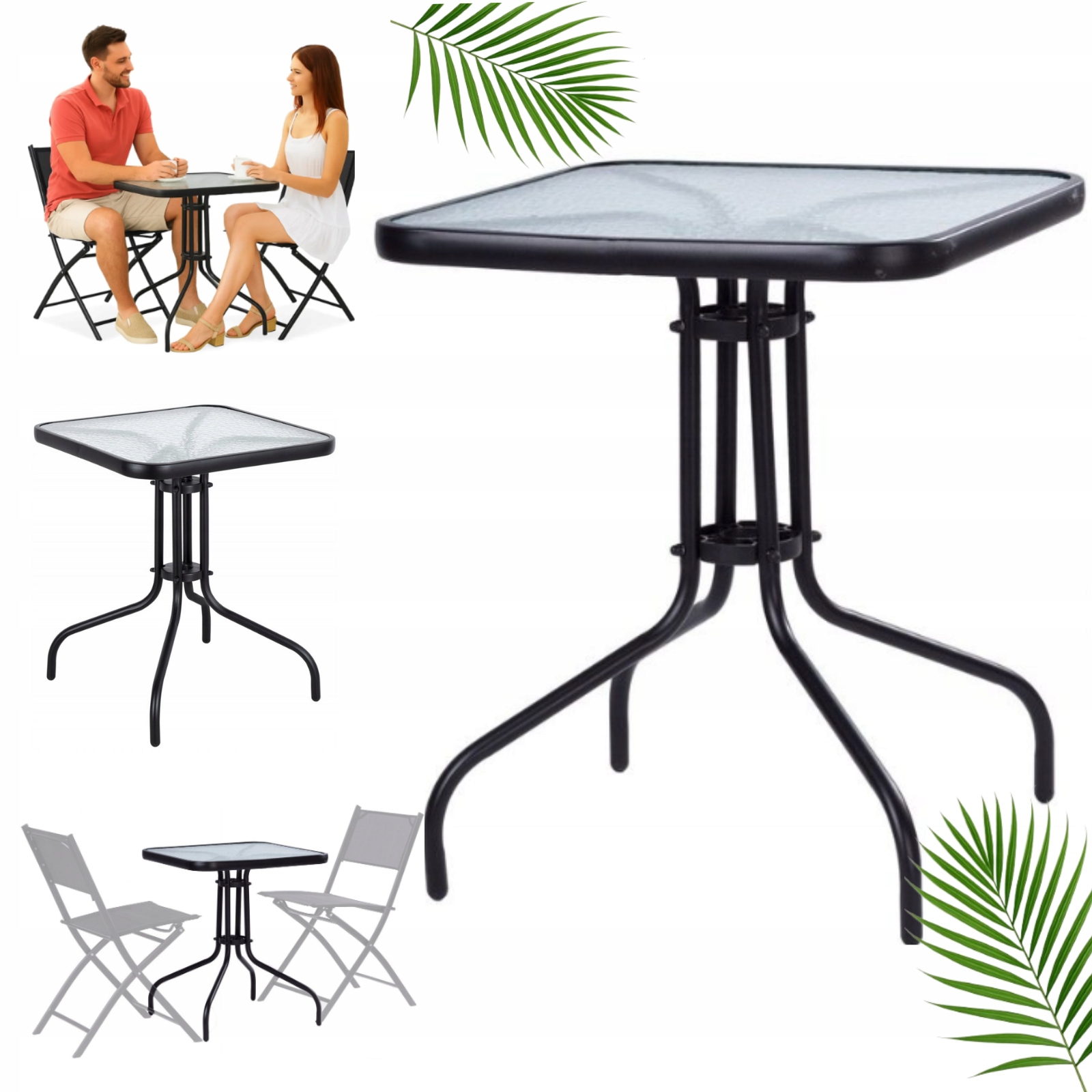 Stolik Kawowy Na Balkon Taras Szklany Blat Ogrodowy Czarny 60CM Szkło Hart