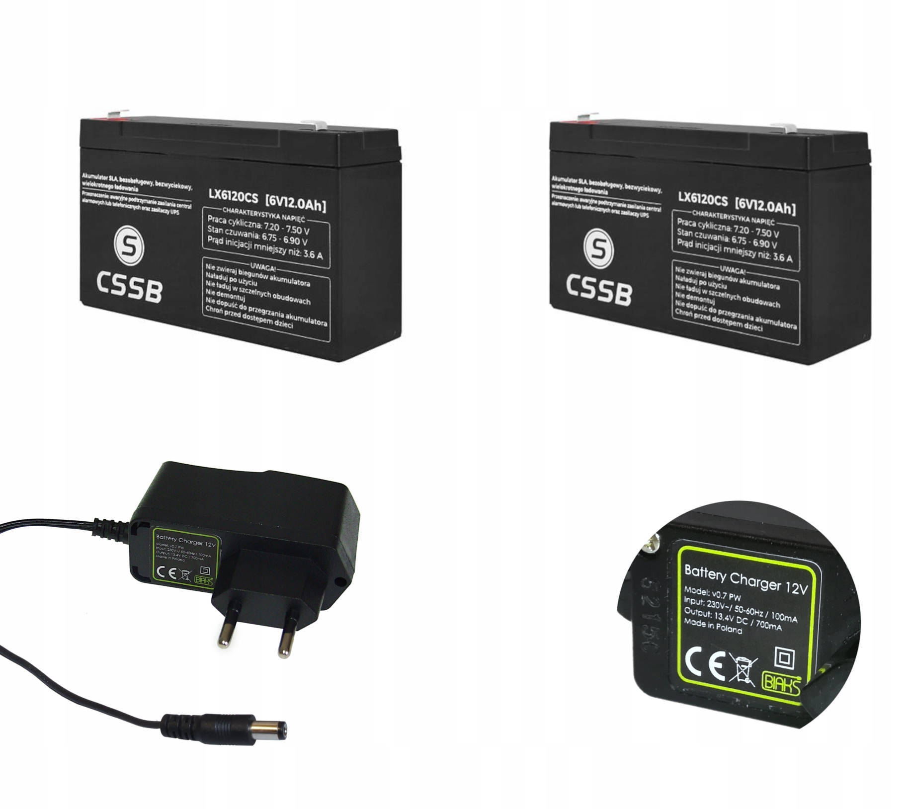 Set 2x Akumulátor Agm 6V 12Ah Cssb (rozměr 14Ah) Nabíječka 12V Zástrčka