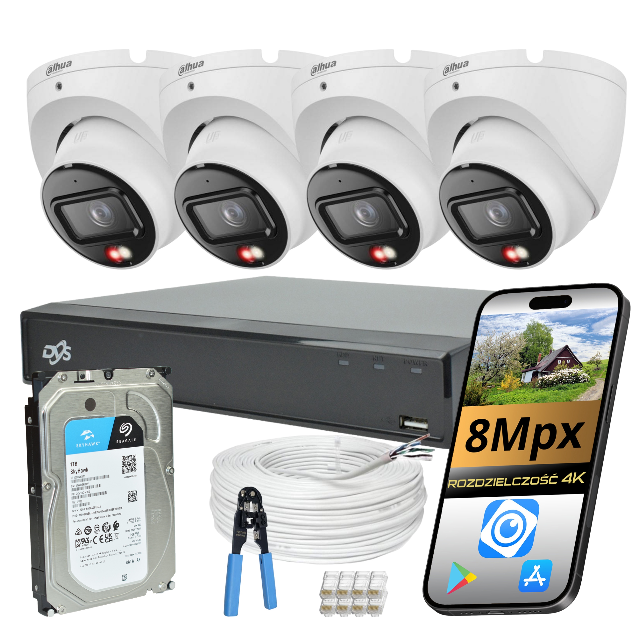 Set Monitorovania 4 Kupolové Kamery Dahua Ip Poe Ultra Hd 8Mpx Ai Disk