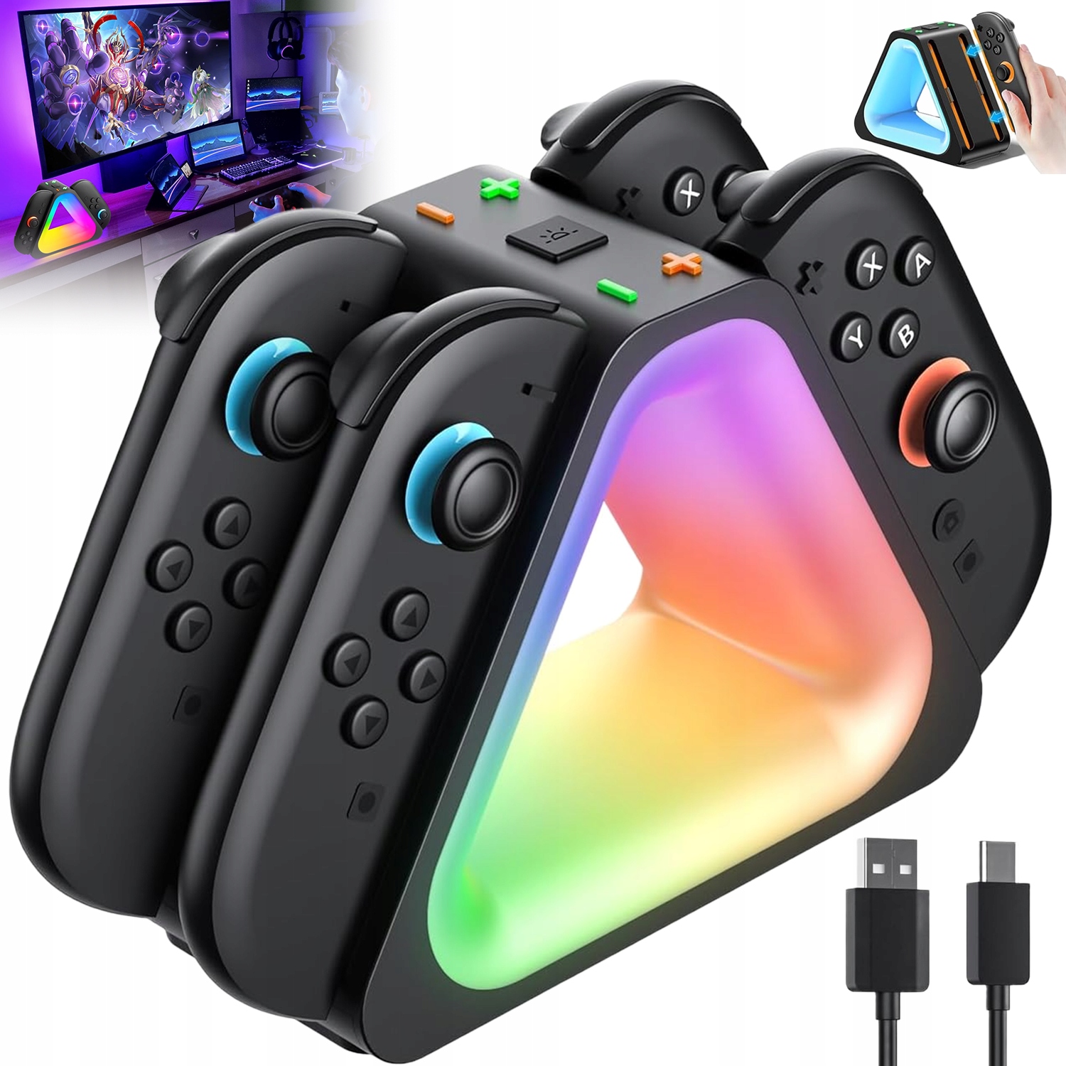 ŁADOWARKA 4W1 DO NINTENDO SWITCH 2 JOY-CON MAGNETYCZNA EFEKTY RGB