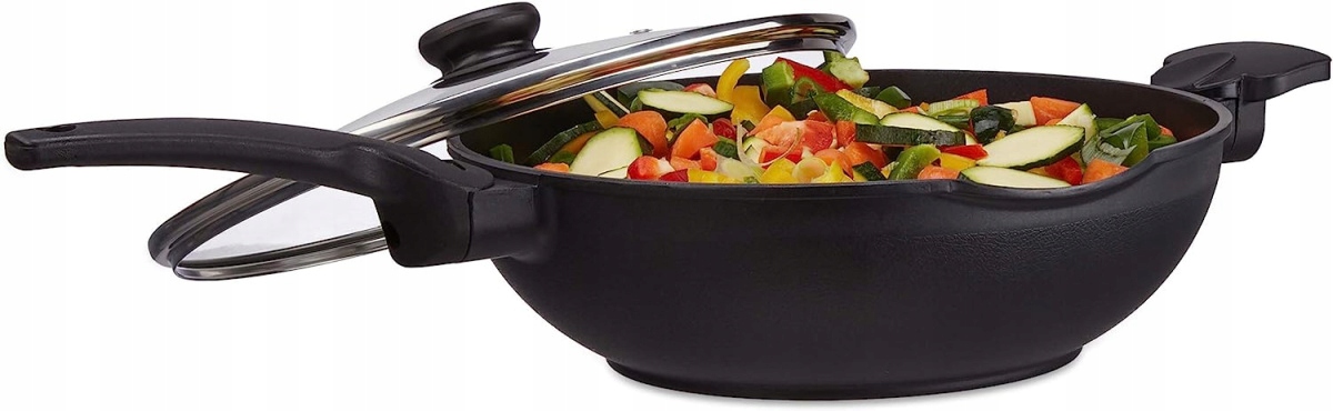 Relaxdays patelnia do wok ze szklaną pokrywką 30cm Średnica 30 cm