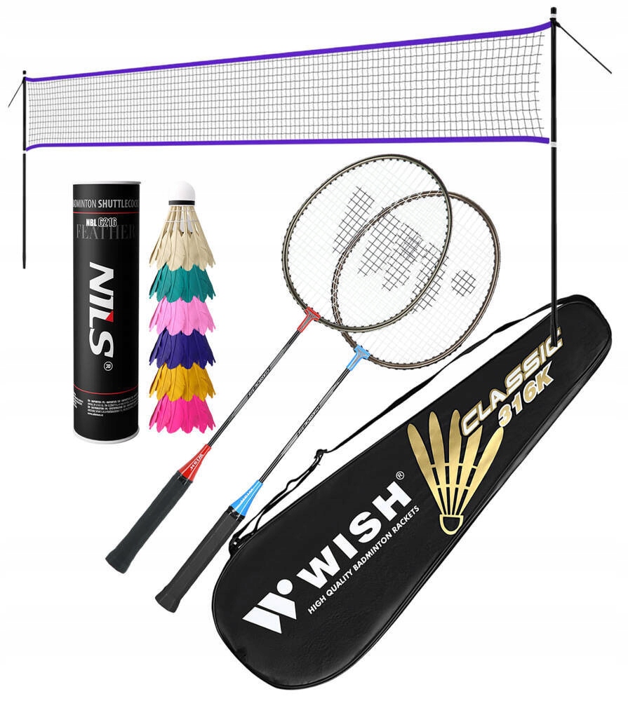 Sada 2 badmintonových raket 6 Míčků z barevných per síťka 620 cm