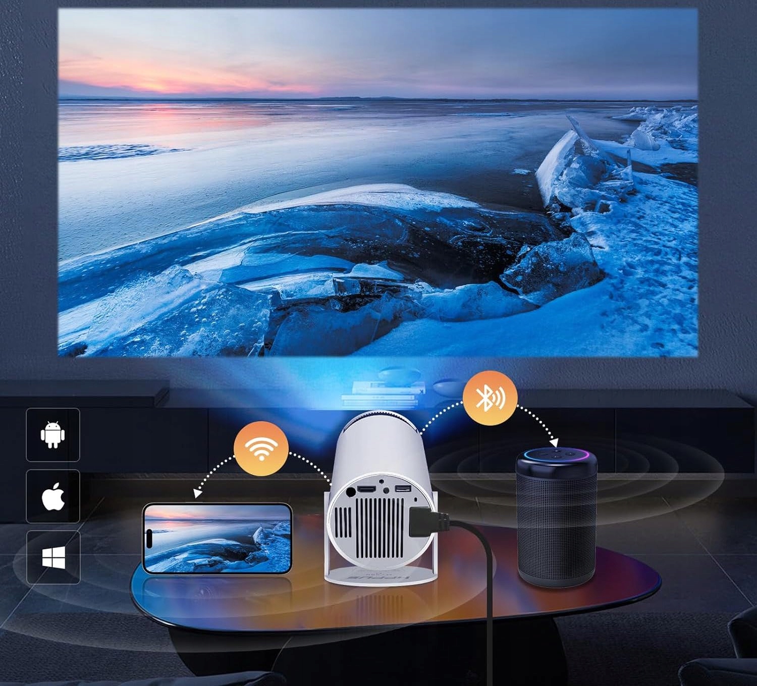 PROJEKTOR RZUTNIK ANDROID TV WIFI FULL HD PRZENOŚNY SMART GŁOŚNIK OBROTOWY Funkcje korekcja zniekształceń lupa odtwarzanie filmów z USB wirtualna mysz zoom