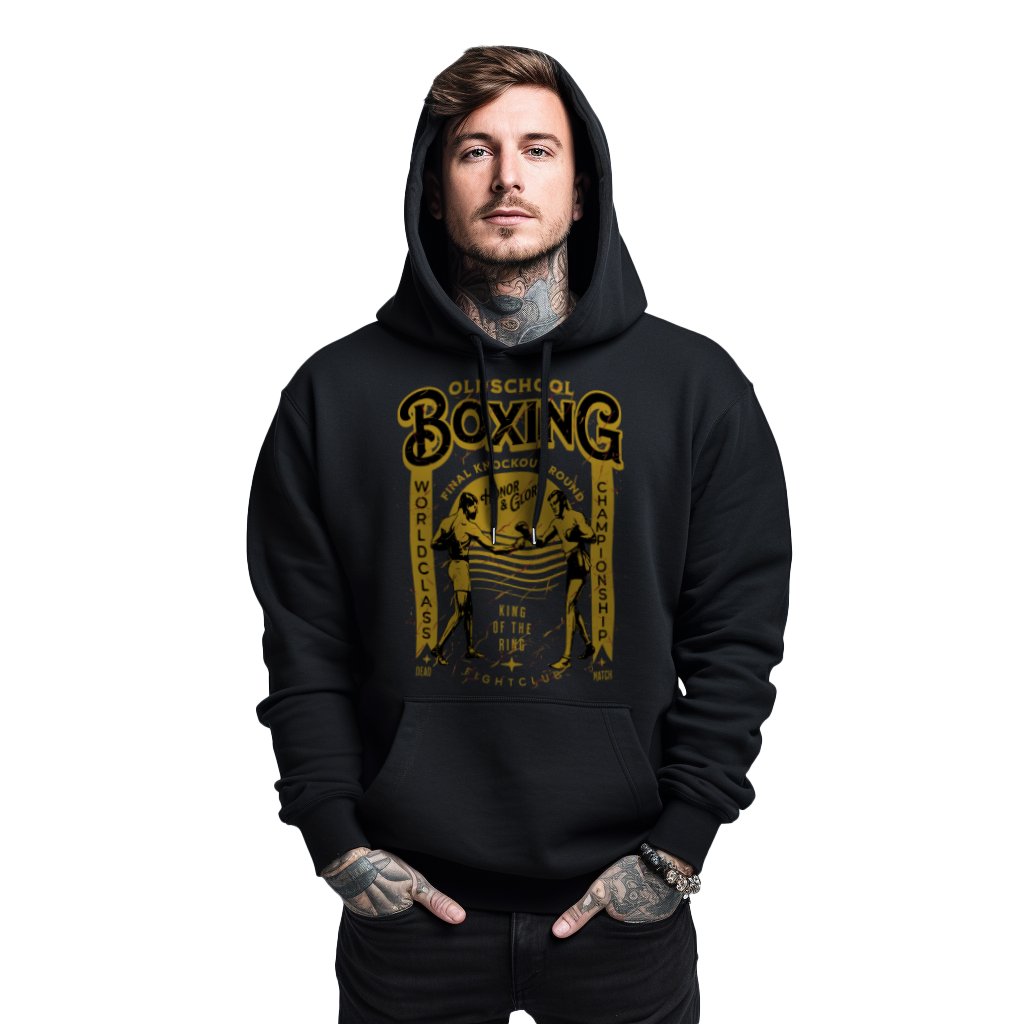 Mikina černá pánská s kapucí s potiskem boxu Oldschool Boxing