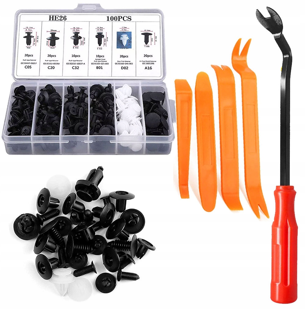 UNIWERSALNE SPINKI KLIPSY SAMOCHODOWE DO AUTA TAPICERKI + ŁOPATKI ŚCIĄGACZE