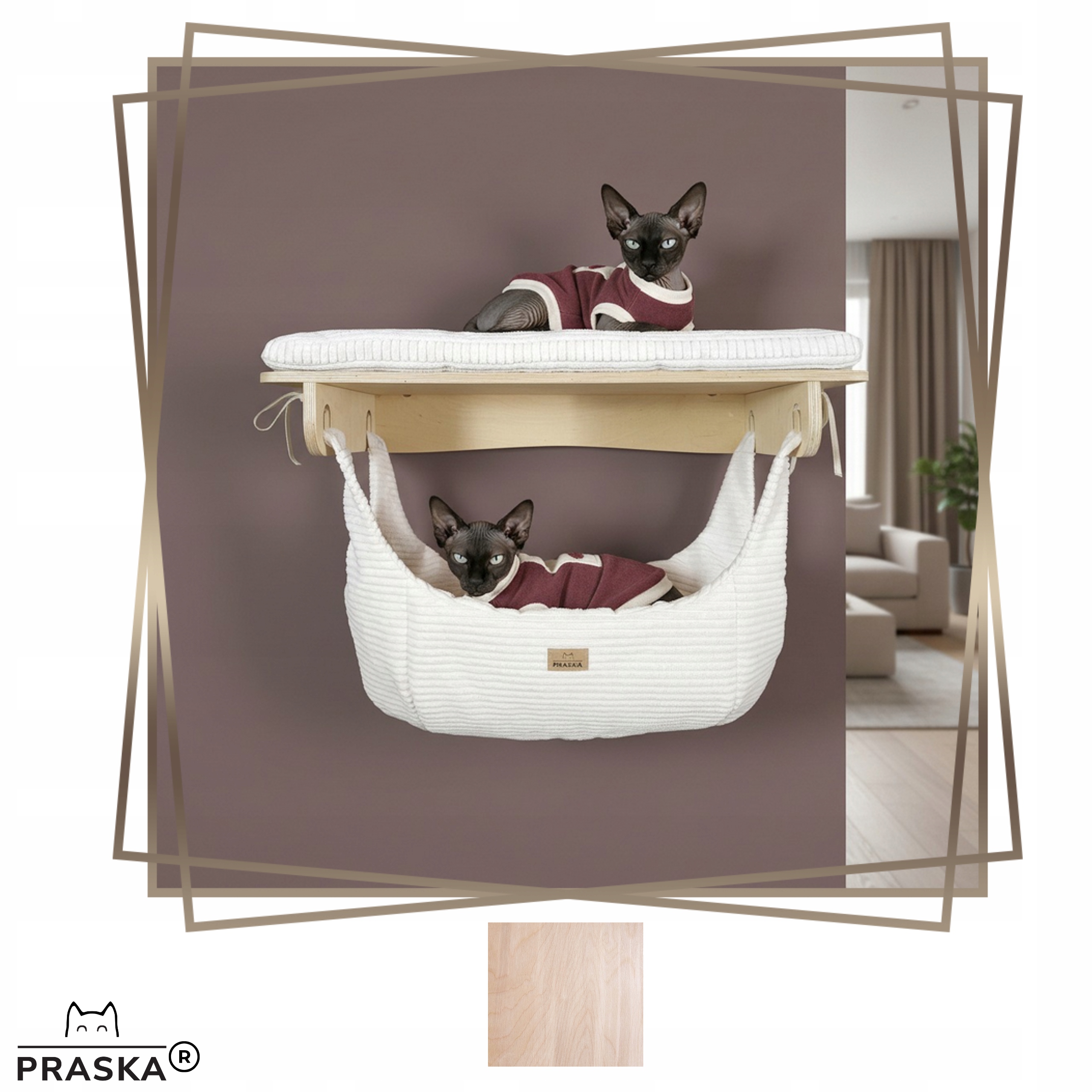 Levně Pražská polička na zeď pro kočky houpací síť ShelfCloud 75x35 cm Natural