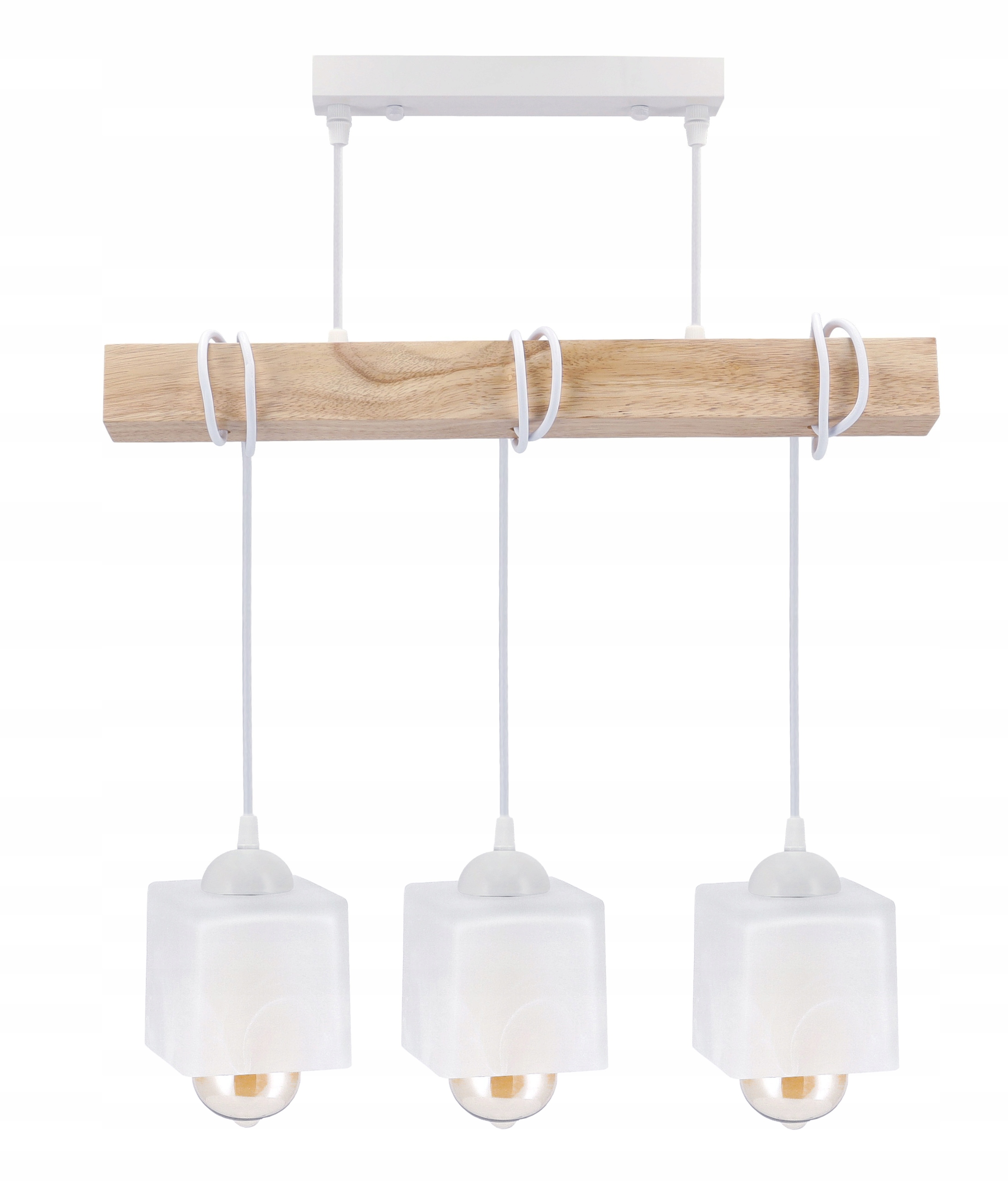 Závěsná stropní Led lampa Bílá Dřevěná 3x E27 Lustr Mléčná kostka