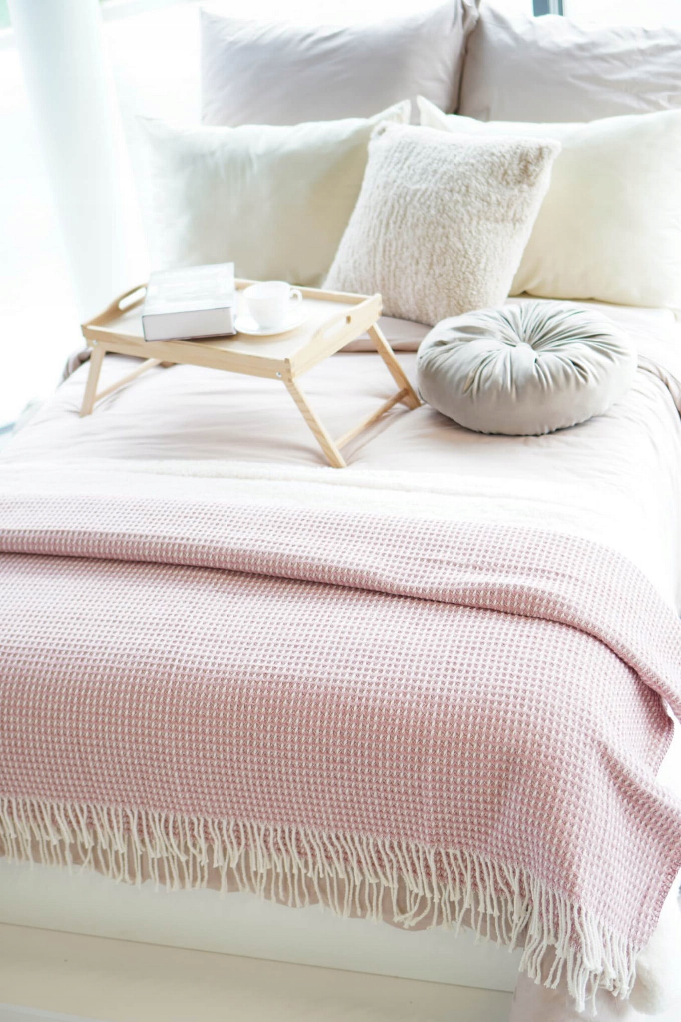 Bavlněná deka Check 200x220 pudrová s třásněmi